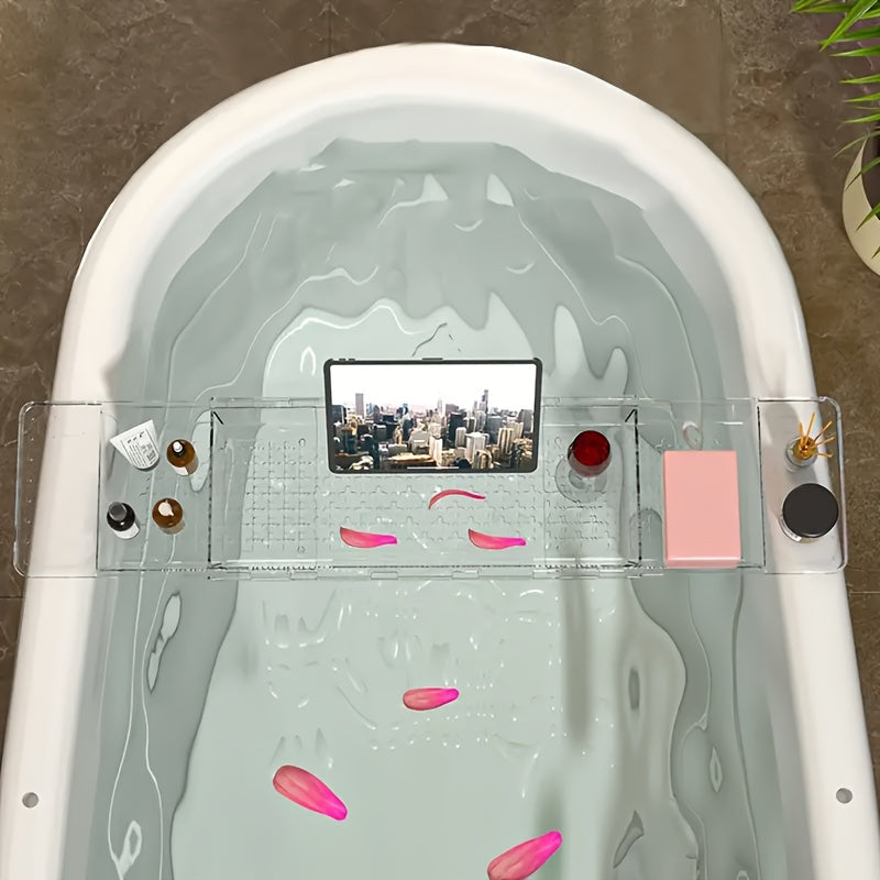 Expandable Bathtub Tray, Clear Plastic Anti-Slip Bath Tub Shelf Caddy, Luxury Bathtub & Bathroom Accessories for Relaxing Spa, Suitable for bathtubs with an Internal Width of up to 72.9 cm, detail random
