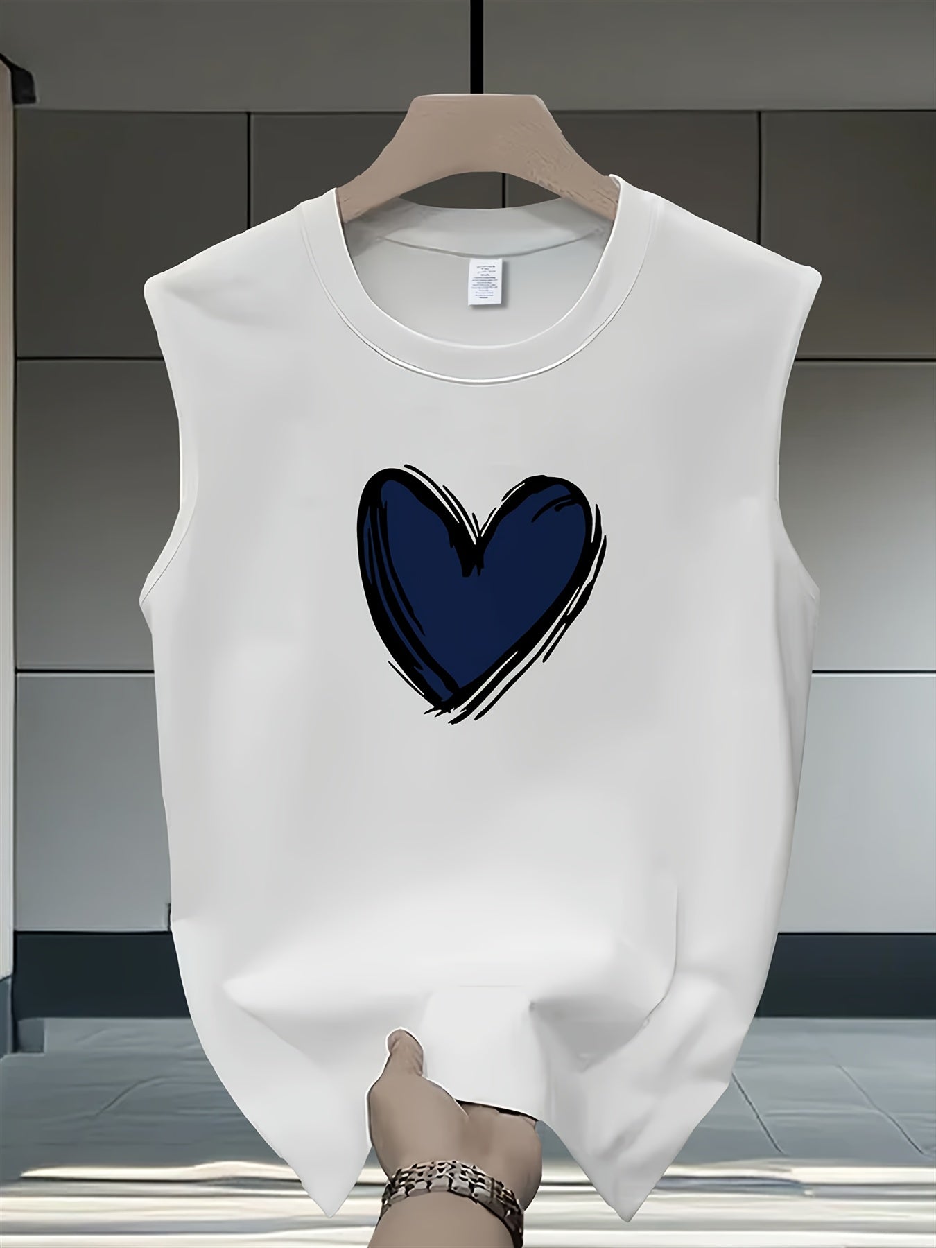 Men'S Heavyweight Cotton Sleeveless T-Shirt - Summer Casual Loose Fit Round Neck Tank Top with Heart Graphic Print, Breathable & Comfortable for Casual Attire, Versatile Clothing | Relaxed Fit Shirt | Smooth Texture Fabric