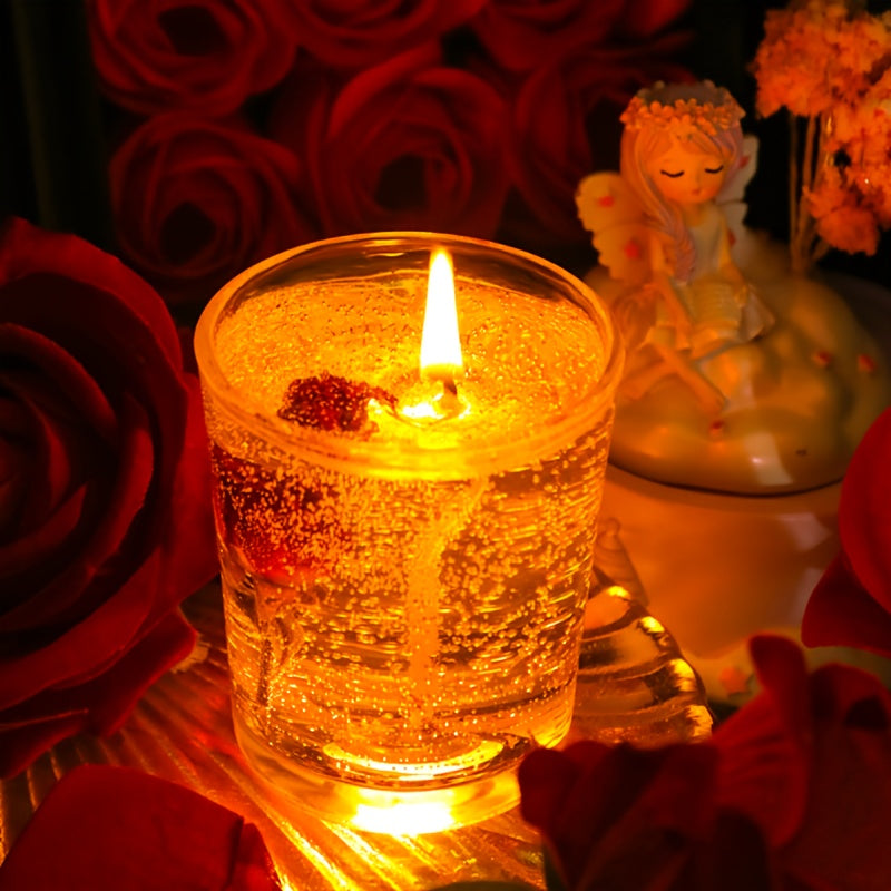 1pc Rose Scented Jelly Candle in Glass Jar – Romantic Aromatherapy for Valentine’s Day, Birthdays, Anniversaries & Holidays, Warm Glow with Red Roses & Fairy Accents, Perfect for Creating a Cozy Indoor Atmosphere