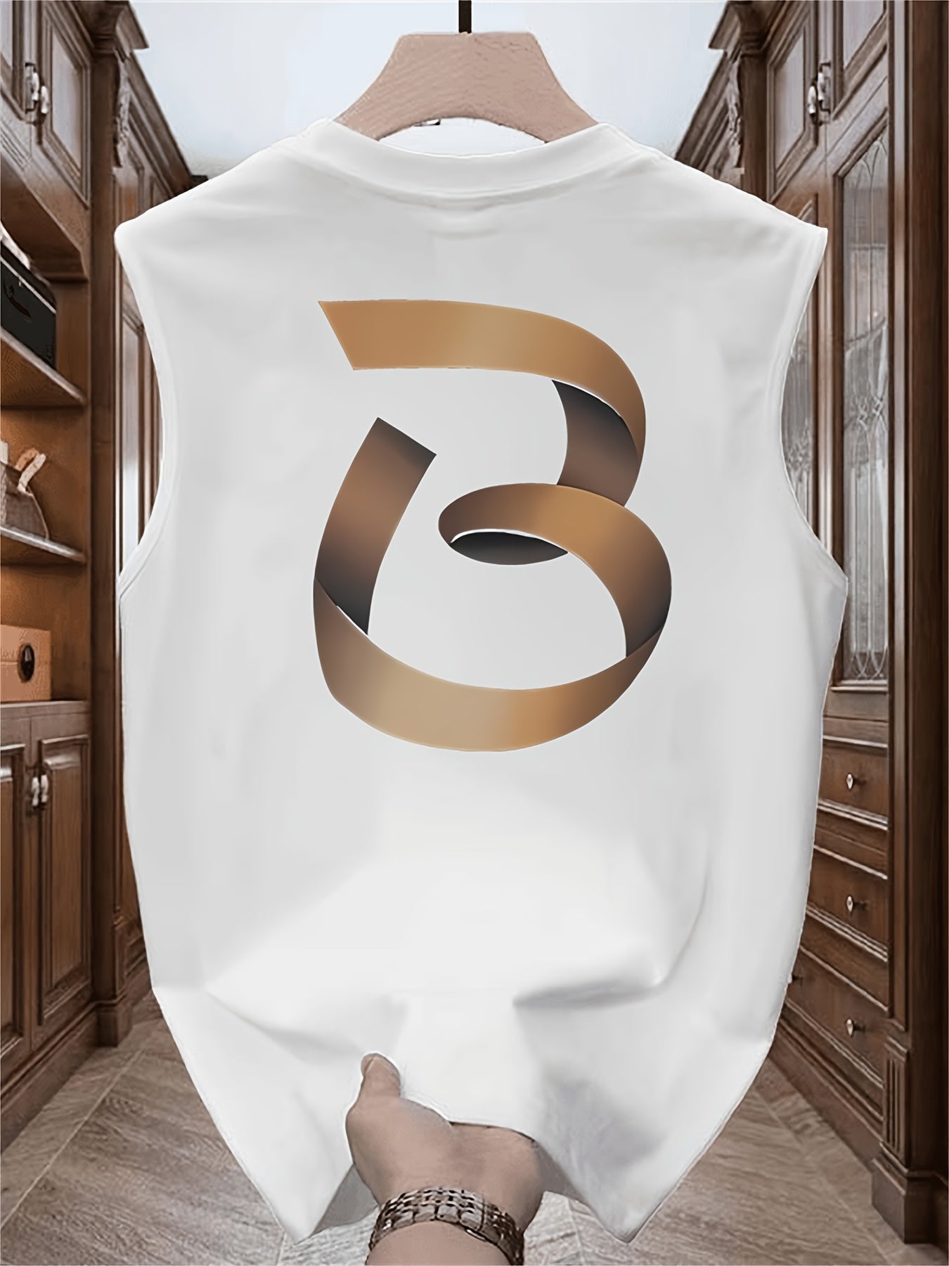 Men'S Heavyweight Cotton Sleeveless Graphic T-Shirt - Bold Golden '8' Geometric Print, Loose Fit Casual Summer Vest Top, Breathable Round Neck Tee for Casual Attire & Holiday Gifts (Father'S Day, Valentine'S Day), Comfortable Daily Wear, Modern Casual St