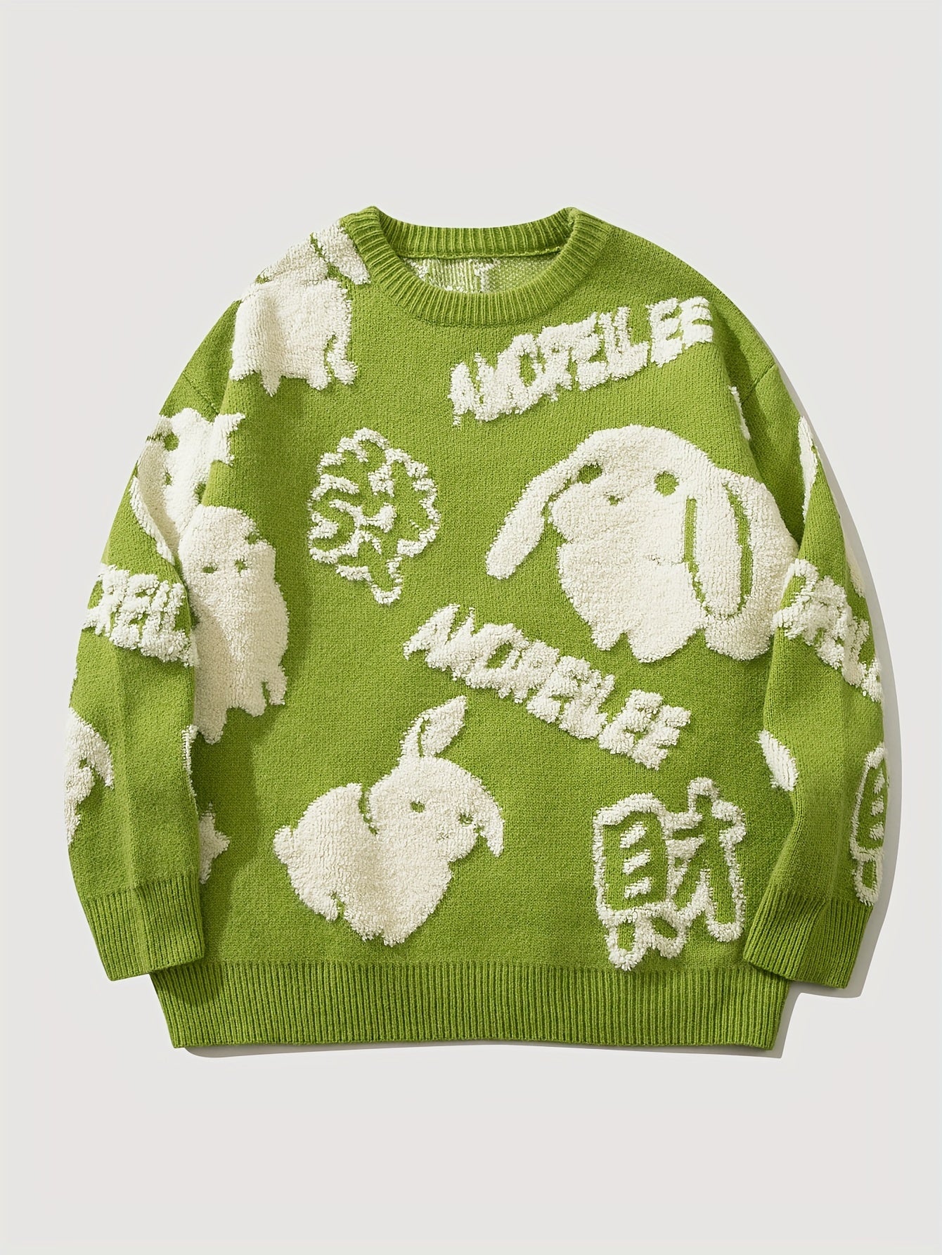 YWFG Cute Knitted Cute Rabbit & Wealth Chenille Embroidery Sweater, Men's Casual Warm Crew Neck Pullover Sweater For Men Fall Winter