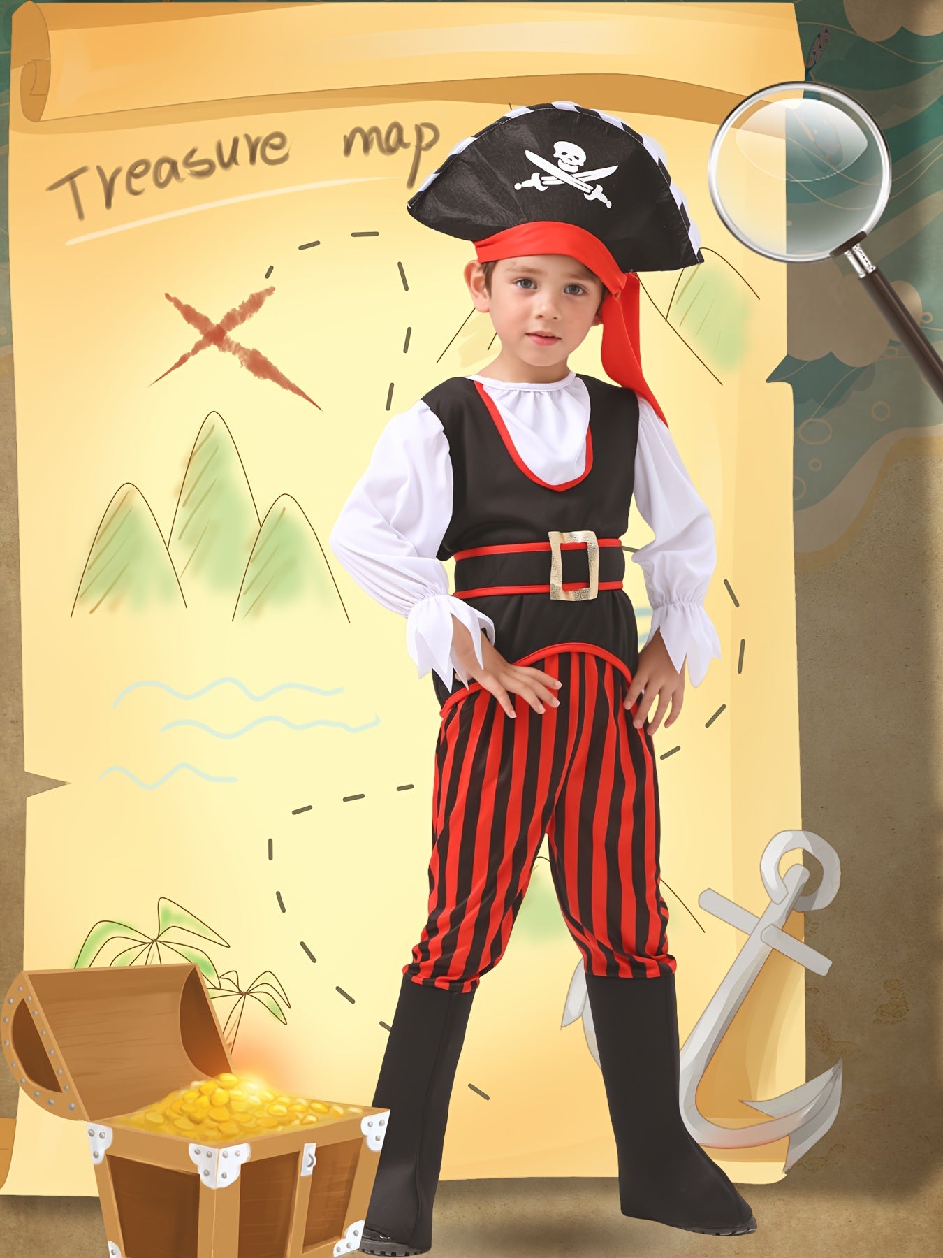 Boys' Pirate with Tricorn Hat & Red & Black Striped Pants - Halloween Carnival Party Outfit, Polyester, Long Sleeve, Regular Fit, All-Season Wear, Perfect for Themed Events, Halloween | Pirate Theme | Polyester, Pirate Accessories, Halloween For Boy, Pir