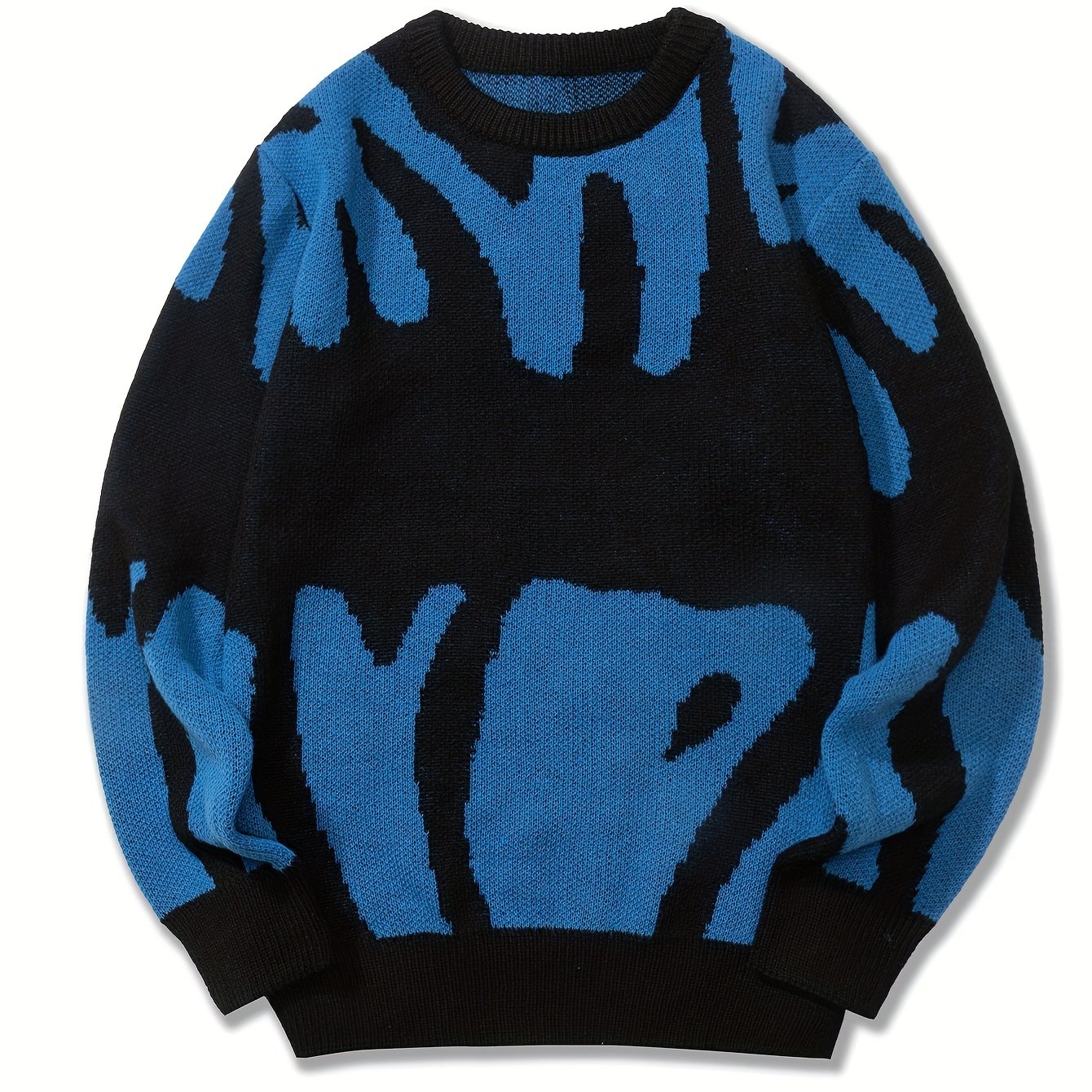 All Match Knitted Letter Print Sweater, Men's Casual Warm Slightly Stretch Crew Neck Pullover Sweater For Men Fall Winter, K-pop