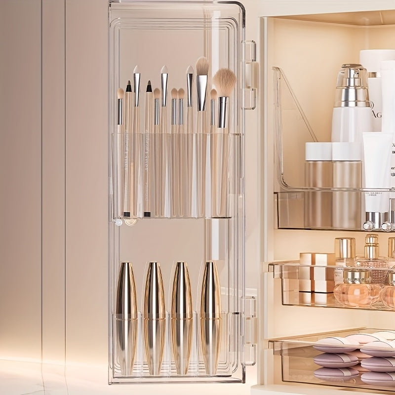 Life Declaration Cosmetic Organizer - Large Capacity Clear Plastic Makeup Storage Box with Doors, Multi-Compartment Vanity Organizer for Brushes, Bottles, and Cosmetics, Transparent Design for Easy Visibility, Bathroom Countertop & Dressing Table, Makeup