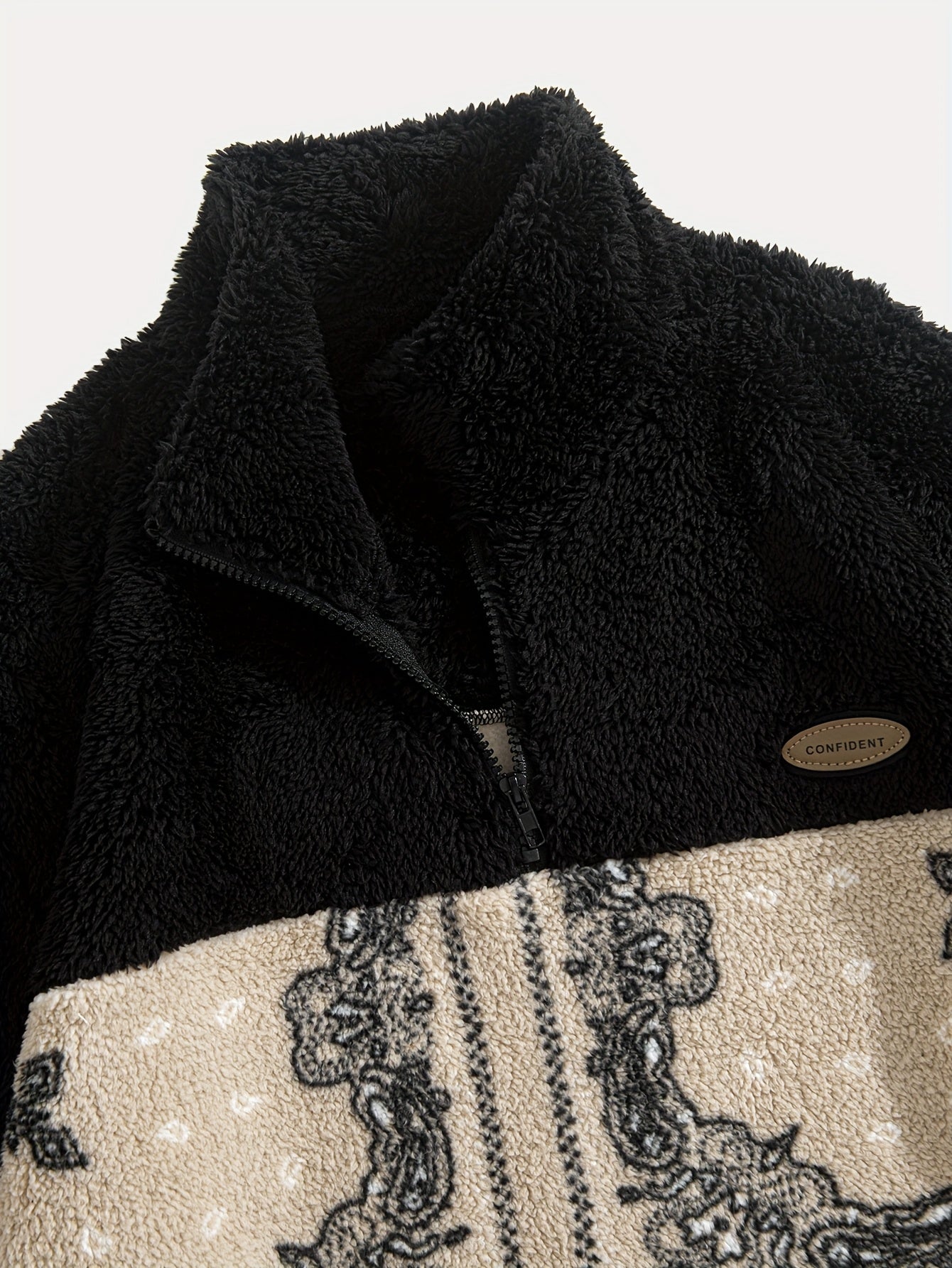 Men'S Winter Jacket - Black & Beige Color Block Sweater Coat with Stand-Up Collar, Warm Fleece Outerwear for Cold Weather, Loose Fit Casual Jacket with (Pocket) for Everyday & Formal Events, Winter Coats, Cold Weather Apparel, Ethnic Pattern Design, Dura