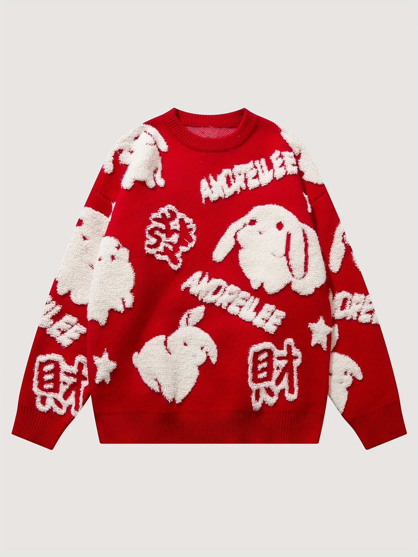 YWFG Cute Knitted Cute Rabbit & Wealth Chenille Embroidery Sweater, Men's Casual Warm Crew Neck Pullover Sweater For Men Fall Winter
