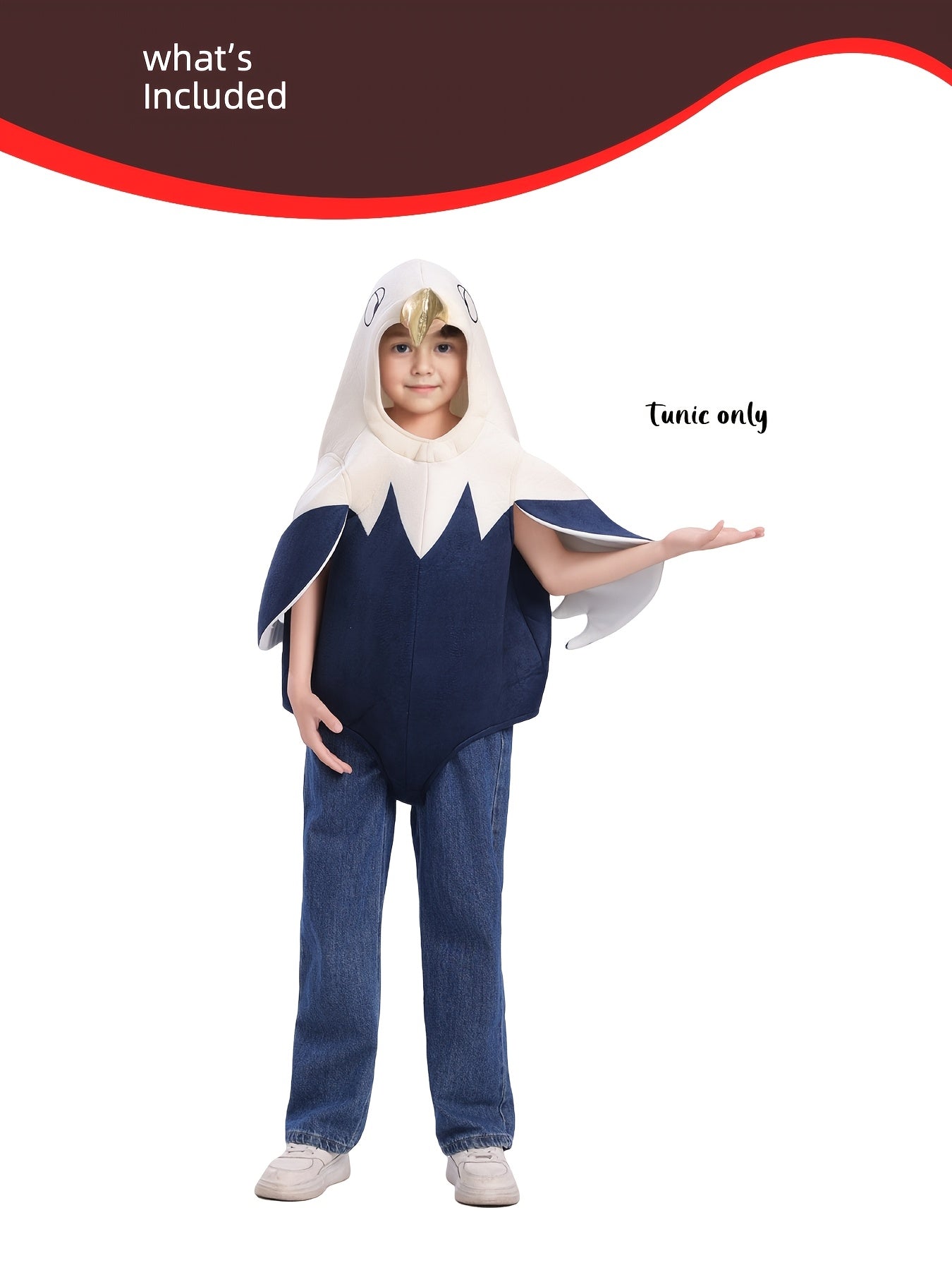 Youngsters' White-Headed Eagle Hooded Outfit - Plush Fleece & Polyester Blend, Loose Fit with Wings & Tail, Perfect for Parties, School Events, Creative Play & Holiday Dress-Up, Youngsters Outfit, School Event Attire, Playful Animal Design, Soft Fabric O