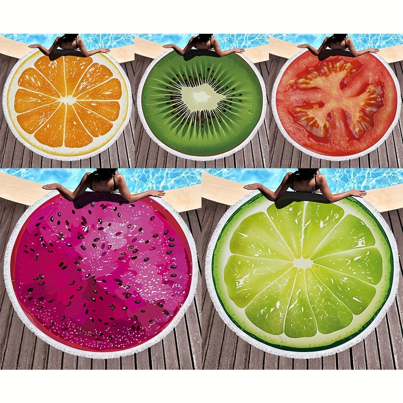 1pc Realistic Fun Fruit Summer Beach Round Towel with Dragon Fruit, Lime, Kiwi, and Tomato Print, Ultra-Fine Fiber, Soft Touch, Quick-Dry Absorbent, Suitable for Beaches, Bathrooms, Pools, Yoga, Swimming, Camping, Travel, Perfect Gift for Birthdays, Than