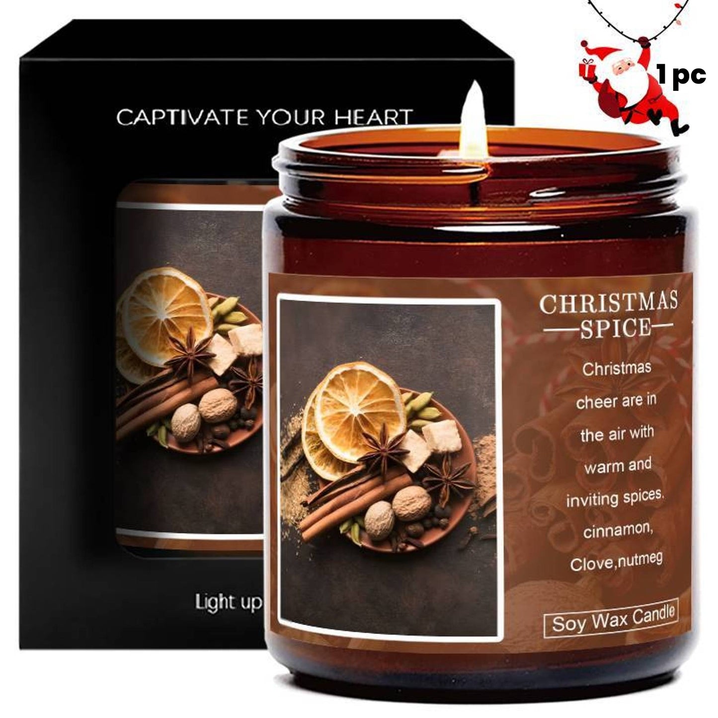 1pc Festive Christmas Spice Soy Wax Candle, 5.3oz - Lavender & Cinnamon Scented with Nutmeg & Orange Peel Illustrations | Ideal Holiday Gift for Women, Men, Mom, Dad, Grandparents, Friends | Perfect for Xmas Home Decor & Gifting, Christmas Gift