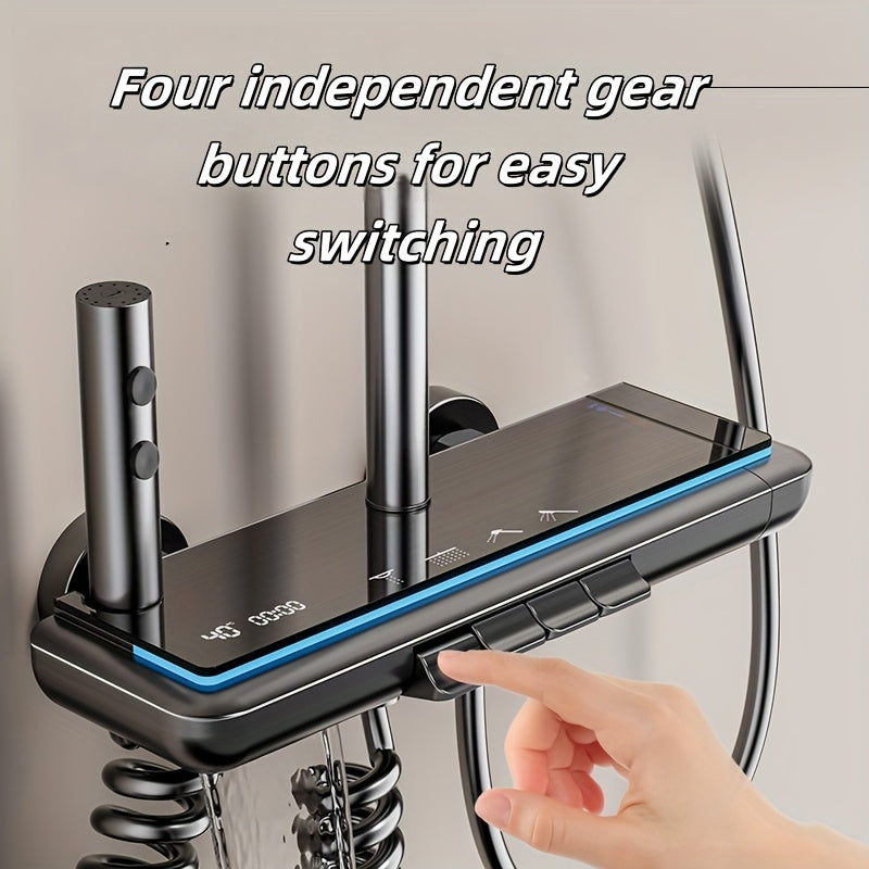 A luxurious gunmetal gray shower set with piano key design, ambient light, digital display and 4-function system. This pressurized home bathroom device is an essential item, serving as bathroom accessories and ideal for bathroom decor gifts.