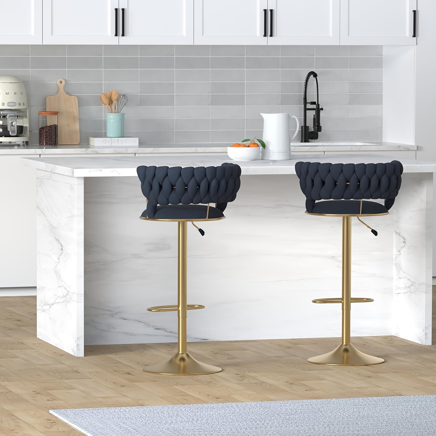 Velvet Swivel Bar Stools, Adjustable Counter Height Bar Stool with Woven Back, Upholstered Kitchen Dining Chairs, Modern Barstools for Kitchen Island, Cafe, Pub, Bar Counter, Bar Stool Set, Bar Chair, Bar Stools Set of 2, Bar Stool Set of 4, Bar Chair Se