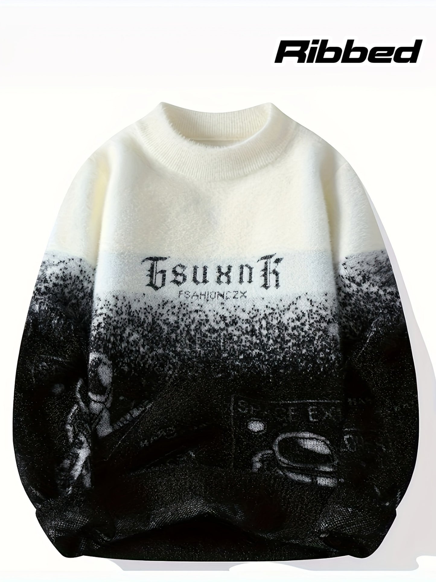 Men'S Cozy Fleece Sweatshirt - "FSAHIONCZX" Graphic, Beige & Brown, Ribbed Knit, Long Sleeve, Crew Neck, Perfect for Fall/Winter, Winter Clothing | Ribbed Knit Sweatshirt | Cozy Fleece Material, Thick