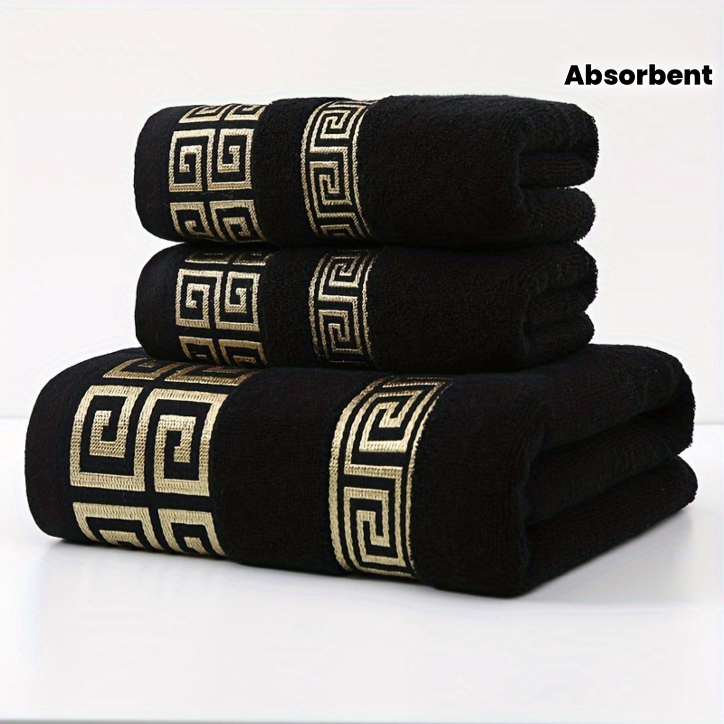 3pcs 100% Cotton Towel Set (1 Bath Towel, 2 Washcloths) GSM410, Exquisite Embroidery, Geometric Pattern, Luxury Style Bath Towel, Very Soft, Very Absorbent, Not Easy to Shed And Not Easy to Fade, Bathroom Essentials, Suitable for Autumn And Winter Season