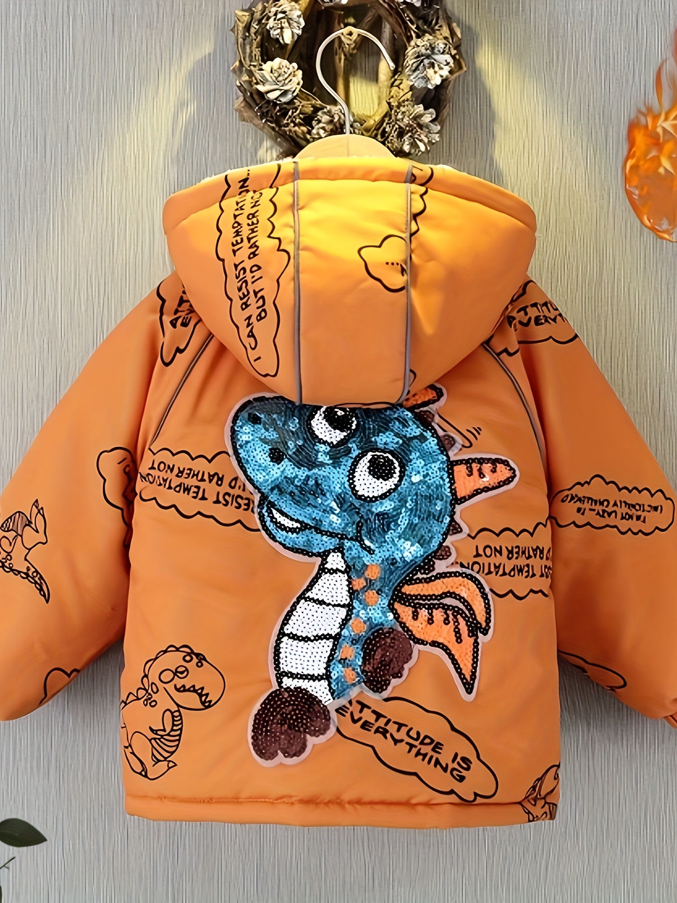 Boys Cartoon Dinosaur Full Print Fleece Lining Hooded Jacket, Long Sleeve Zip Up Warm Jacket, Boy's Clothes For Spring Fall Winter Outdoor