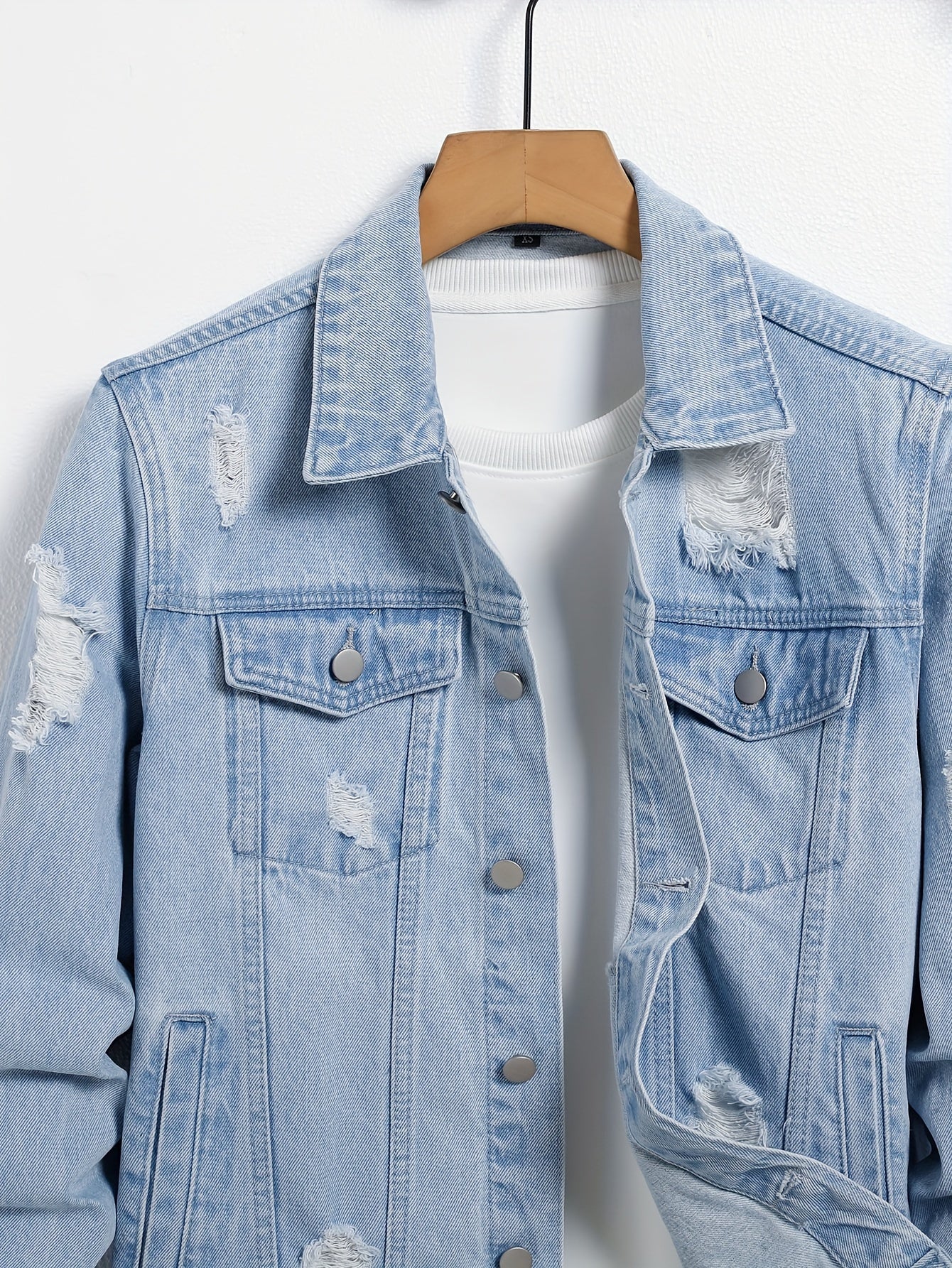Men'S Distressed Denim Jacket - Light Blue Casual Workwear with Button-Up Front, Chest Pockets, and Frayed Details, Regular Fit for Casual Attire, Casual Outerwear | Frayed Denim Jacket | Frayed Details