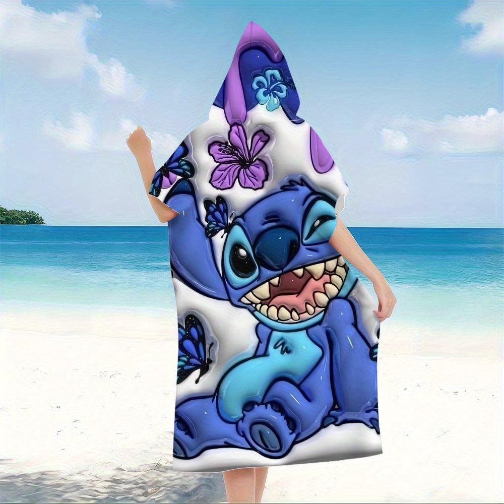 1pc Disney Stitch & Lilo Beach Bathrobe with Hood - Quick-Dry, High Colorfastness, Unisex Towel Cape for Home & Bathroom, Modern Polyester & Nylon Design, Bathrobe for Bathing, Playful Character Robe, Quickdry Robe
