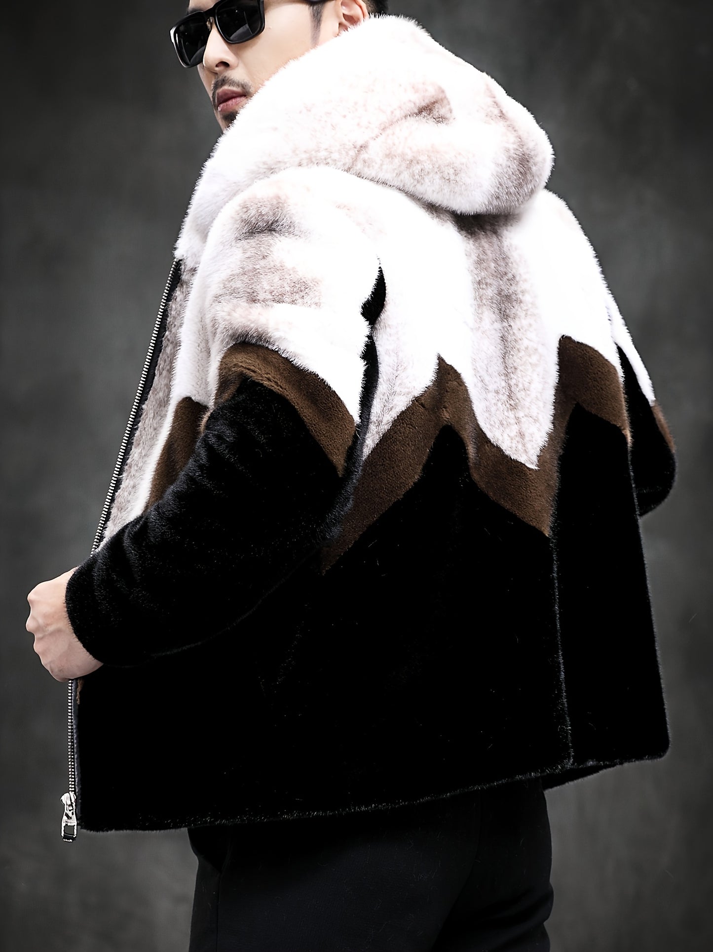 Men's Luxurious Faux Mink Hooded Jacket - Warm, Casual Winter Coat with Zip Closure for Outdoor Activities