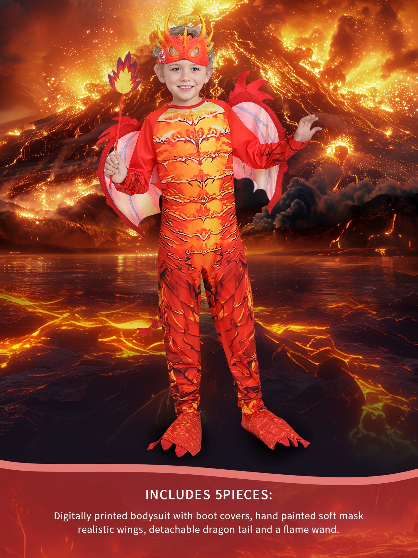 Youngsters Western Red Flame Dragon Knight Outfit - Full-Body Role Play Ensemble with Wings, Horns & Tail for Halloween, Carnival, Themed Parties - Durable Polyester, All-Season Use, Halloween Attire, Party Wear, Vibrant Design, Comfortable Fit