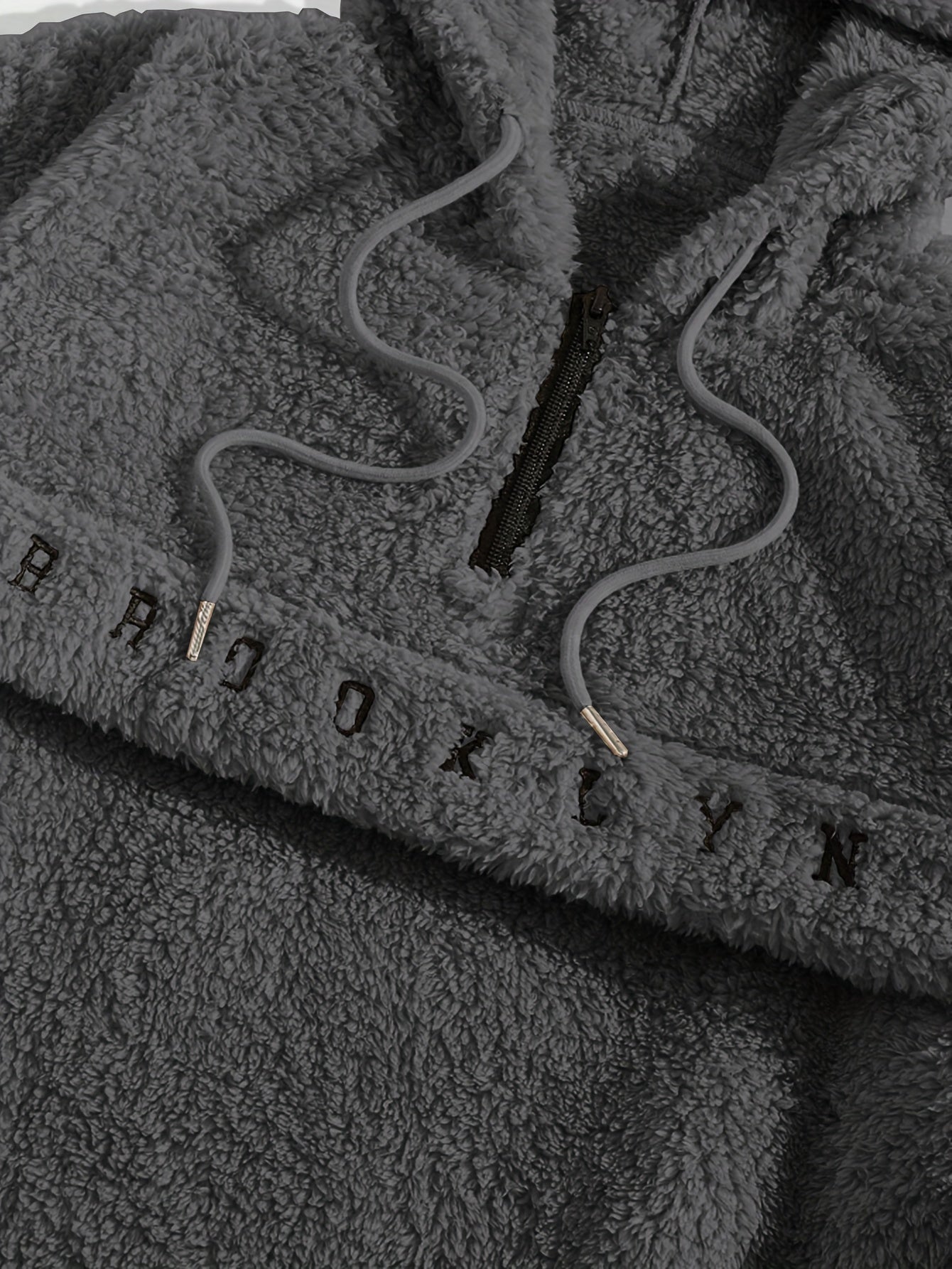 Men'S Fashion Classic Solid Color Flannelette Hoodie with Embroidered Lettering, Casual Style, Medium Stretch Knit Fabric, Hooded Collar, Quarter Zip, Regular Fit for Daily Leisure and Commuting, Long Sleeve Pullover for Fall/Winter - 100% Polyester