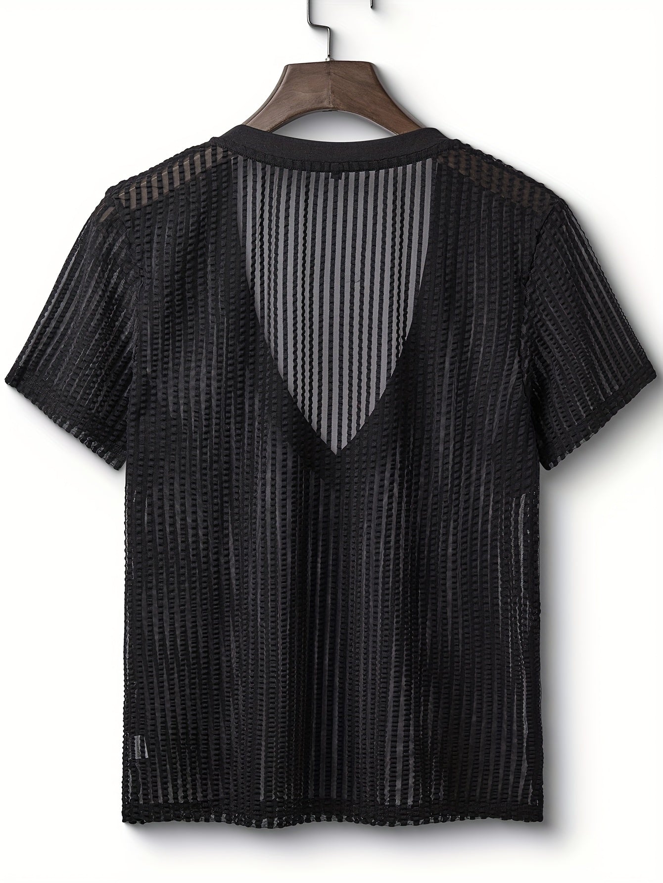 Men's Slim Fit Stretch Mesh V-Neck T-Shirt - Breathable Semi-Sheer Fabric, Sexy Textured Design for Spring Casual & Evening Dates, Machine Washable, Date Night Top, Soft Elasticity Shirt