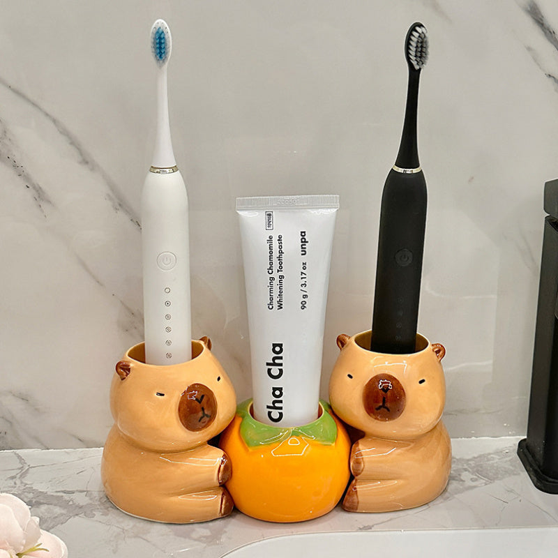 Cute Capybara Toothbrush Holder - Ceramic, No Electricity Needed, Freestanding Bathroom Storage Rack for Toothbrushes & Toothpaste, High-End Design with Orange Pumpkin Base, Bathroom Storage|Playful Design|Stylish Bathroom Accessory, Toothbrush Holder