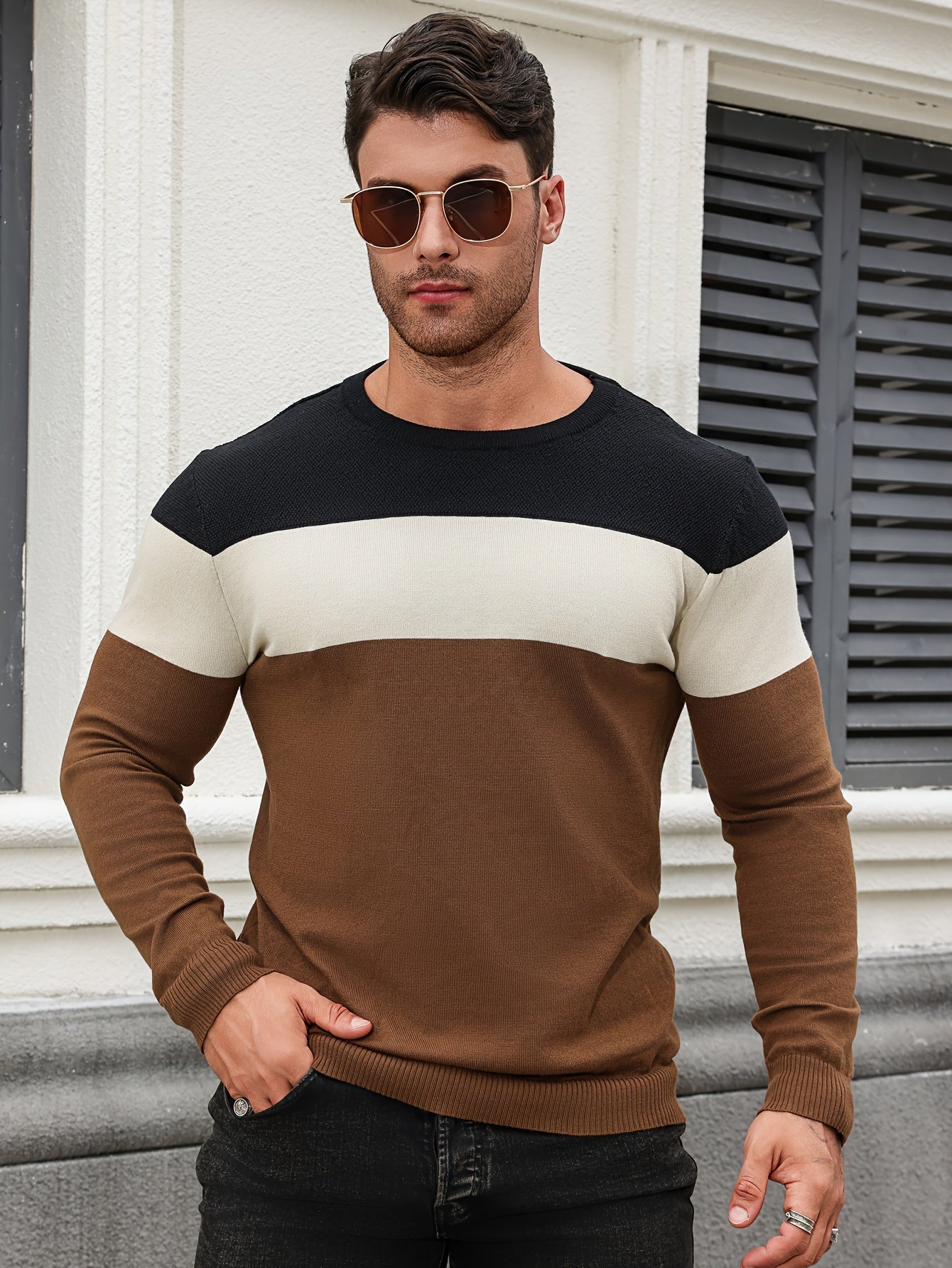 All Match Knitted Color Block Sweater, Men's Casual Warm High Stretch Crew Neck Pullover Sweater For Men Fall Winter