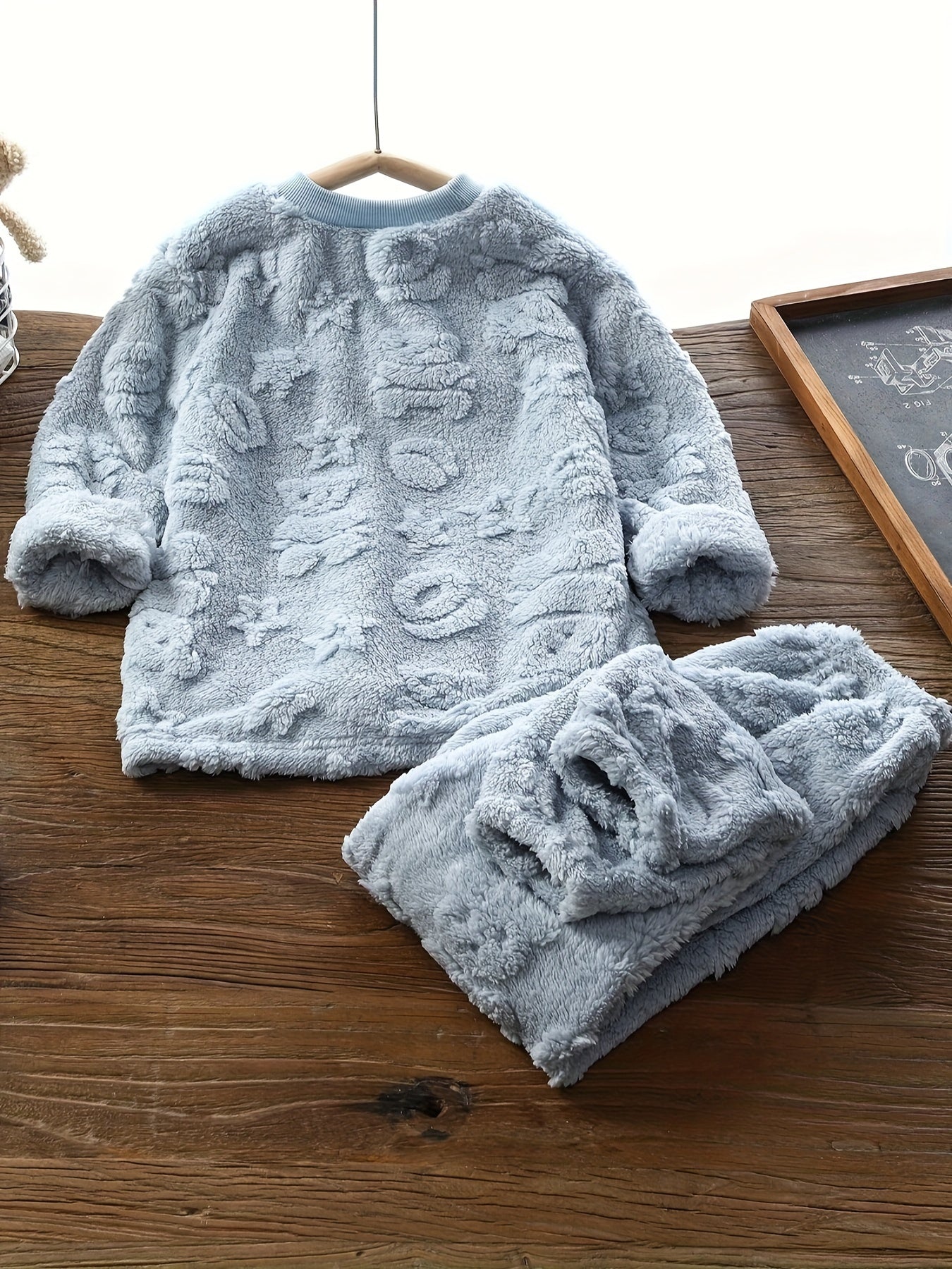 Cozy Youngsters' Plush Set - Reversible Fleece-Like Warm Outfit with Embroidered Details, Long Sleeve Crew Neck Pullover & Pants for Boys and Girls - Perfect for Fall/Winter, Machine Washable