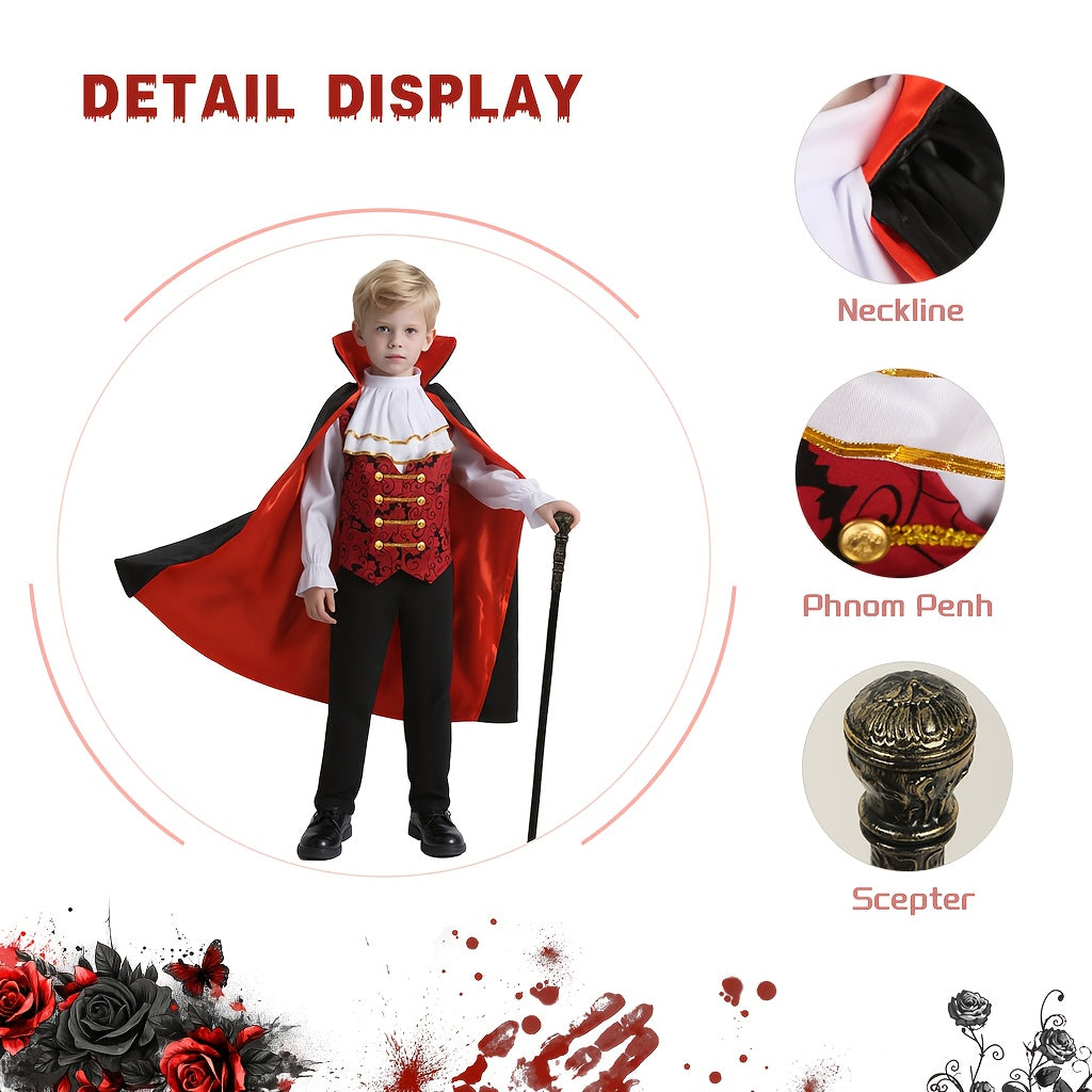 1 Set of Vampire Costume for Kids, Including Scepter + Halloween Party Dress, Retro Earl Style + Festival Cosplay, Gift-Worthy + Role-Playing Outfit, Black And Red Color Scheme, Holiday Performance Attire.