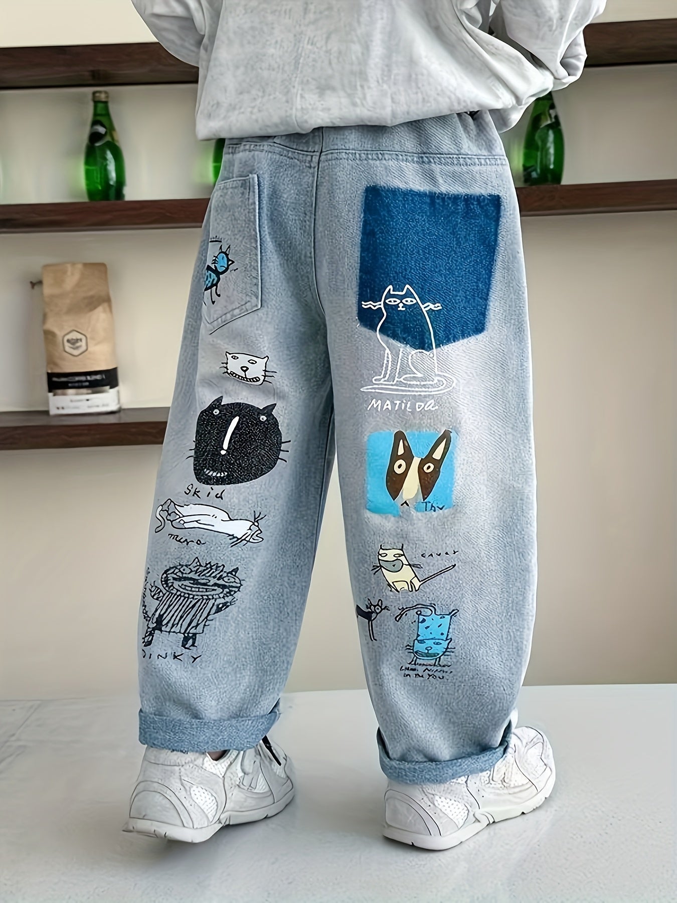 Boys' Casual Cartoon Print Wide Leg Jeans with Puff Details & Distressed Knees - Spring/Fall Youth Streetwear Pants for Teens, Hand Wash Only, Jeans, Jeans for Kinds, Baggy Jeans