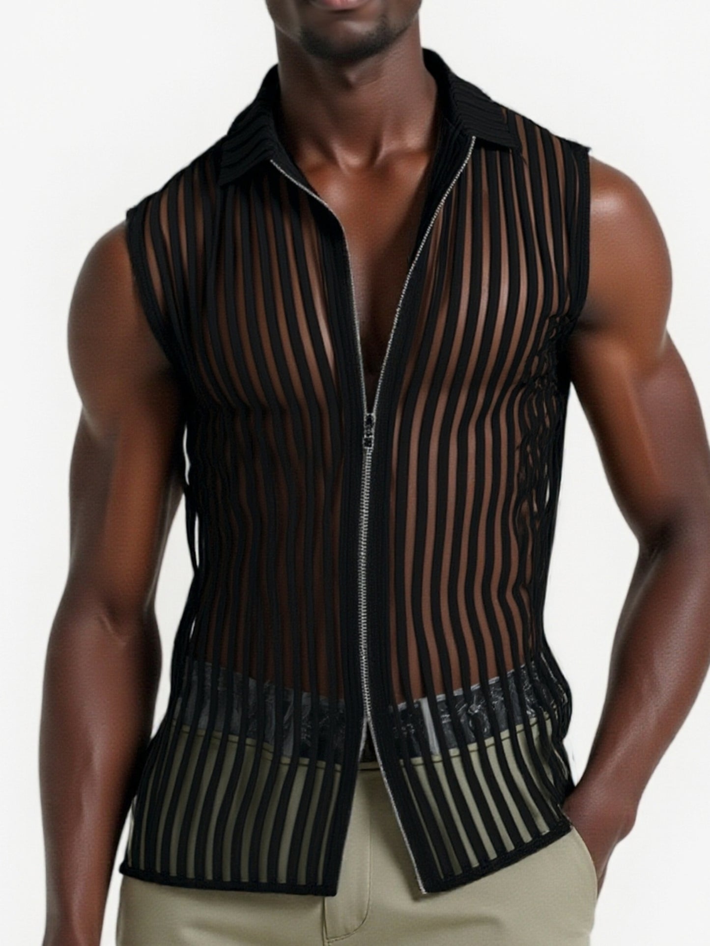 INCERUN Men's Sheer Striped Zip-Up Tank Top - Sexy Mesh Beach & Party Vest, Breathable Polyester-Spandex Blend, Machine Washable