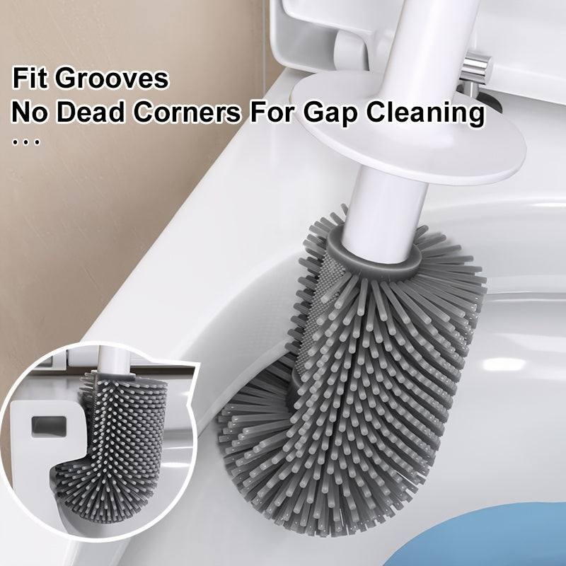 1 Set Wall-Mounted Long Handle Toilet Brush Set with Base, No-Drill Hanging Design, Flexible Silicone Bristles for Deep Cleaning, Bathroom Accessories, Cleaning Tool