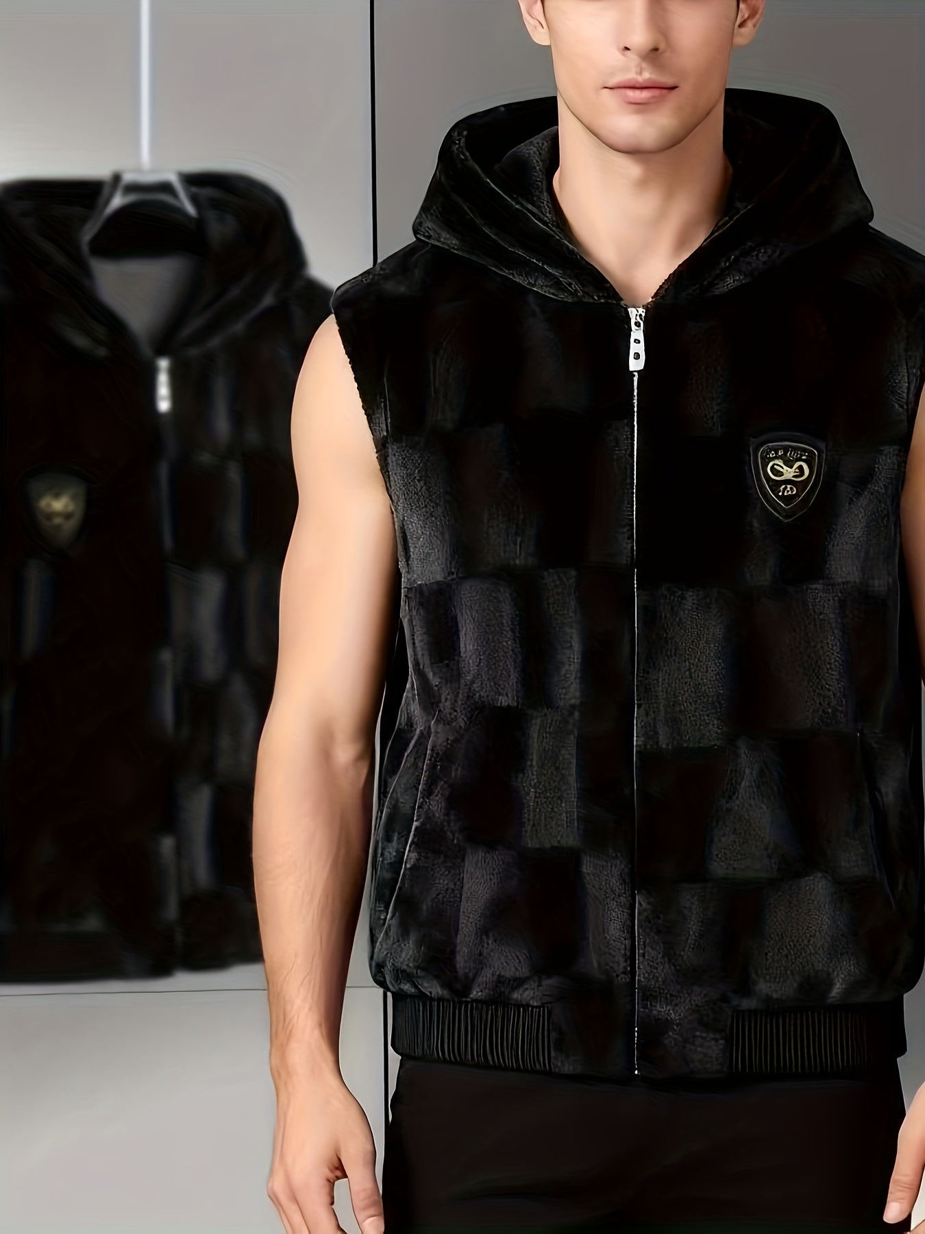 Men's Winter Full-Zip Hooded Faux- Jacket - Black/White Collar & Golden-Tone Logo-Like Patches, Detachable Hood, Hand Washable Cold-Weather Coat for Casual & Formal Wear (No-Fill)