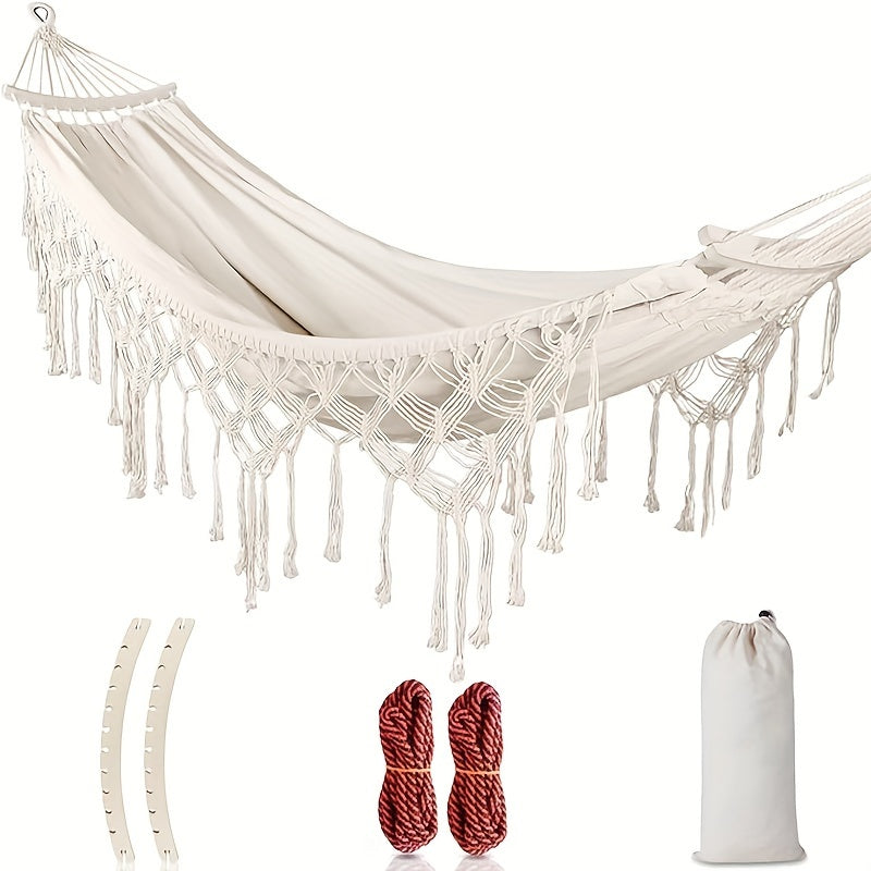 Tusheng Bohemian Style Double Hammock with Tassels - 2-Person Capacity, Thickened Rope & Carrying Bag, Red & White Striped Design for Outdoor, Garden, Patio, Wedding Decor, Hammock for Outside, Garden Relaxation, Vibrant Striped Design, Durable Fabric