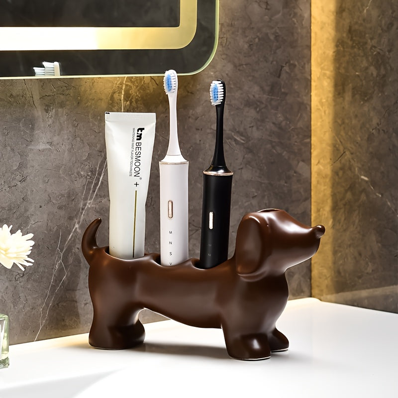 Creative Funny Cartoon Dachshund Couple Family Toothbrush Holder, Bathroom Vanity Brushing Storage Rack with Creative Base Valentine's Day Gift Organizer for Electric and Manual Teeth Cleaning Tools, 12 Holidays Halloween Christmas Valentines
