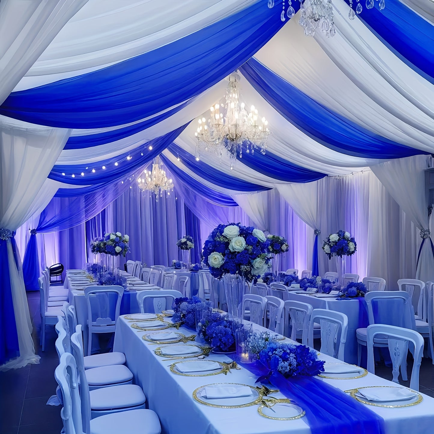 2pcs Royal Blue and White Ceiling Curtain Set 152.4 x 792.48cm, Can be used for Table Flag Decoration, Wedding Ceiling Curtain Arch Curtain Wedding Ceremony Transparent Blue Curtain Tree Curtain Wedding Arch Curtain Party Decoration Fabric, Suitable for