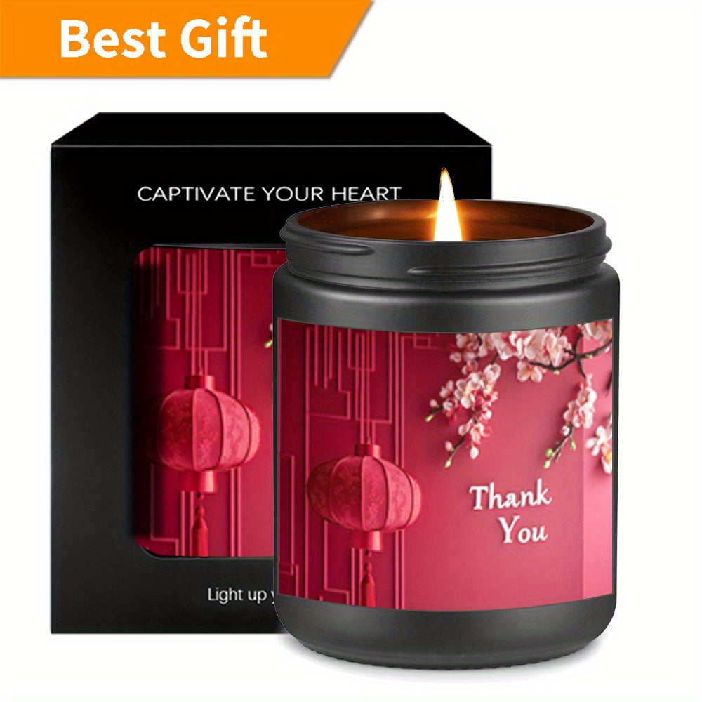 1pc Cherry Blossom Scented Candle in Jar or Glass Jar - Red & Black Floral Design with Thank You Message, Soy Wax Long-Lasting 8-12 Hours, Elegant Home Decor Gift for Birthdays, Anniversaries, Graduation, Thanksgiving, Cherry Blossom Decor, Festive Occas