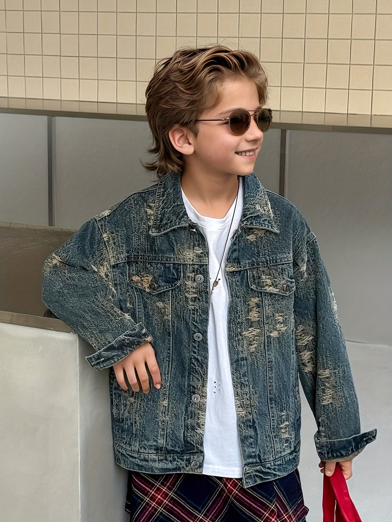 Boys' Casual Loose-Fit Ripped Denim Jacket for Autumn, Suitable for School and Outdoor Wear