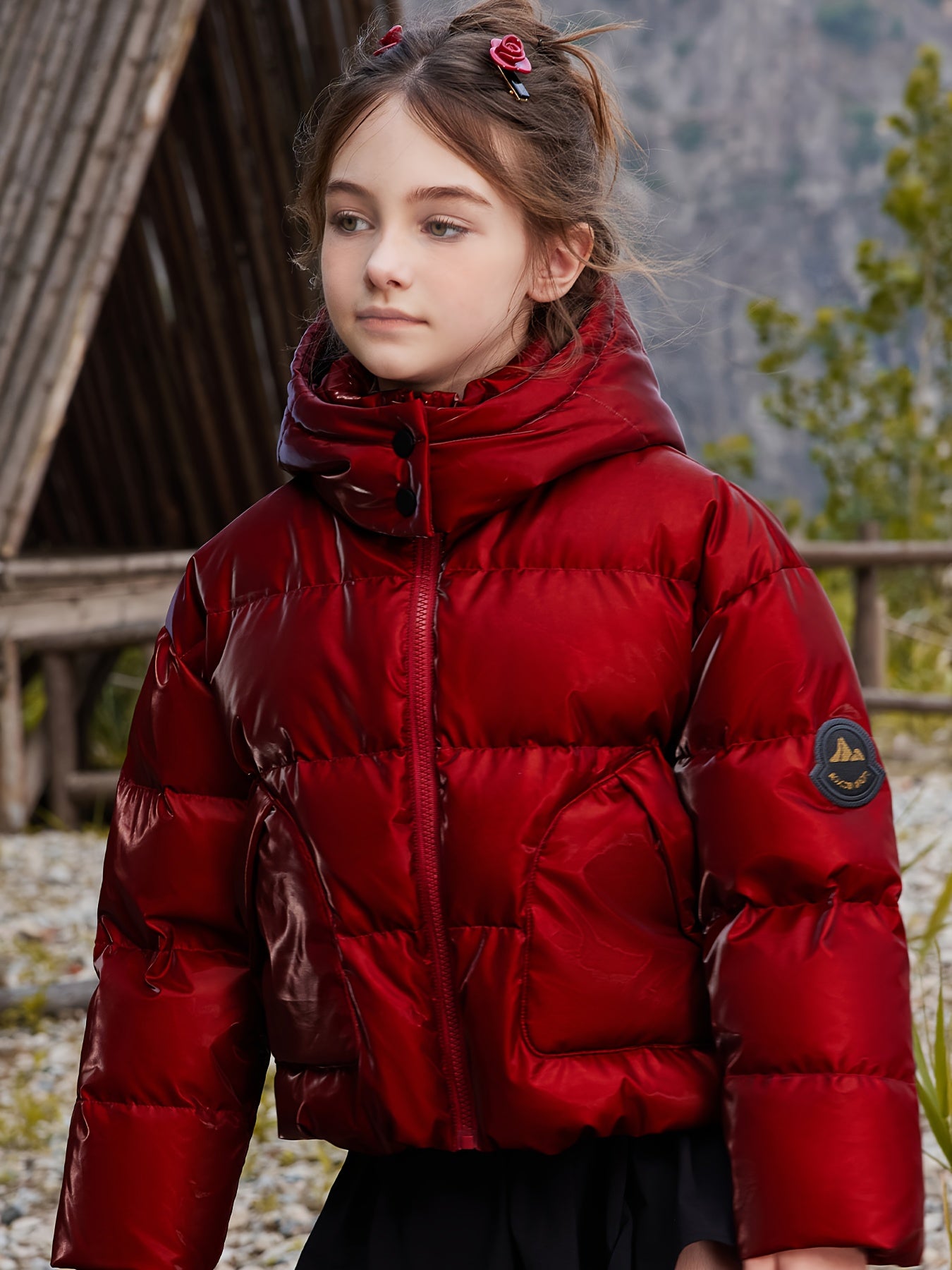 ASK JUNIOR Girls' Hooded Jacket - 90% White Duck, Lightweight Winter Coat with Zipper Closure & Pockets, Cute Cartoon Bear Design, Red, Perfect for Daily Outings & Holiday Celebrations, Winter Coat for Girls, Holiday Celebration Wear, Playful Design, Dur