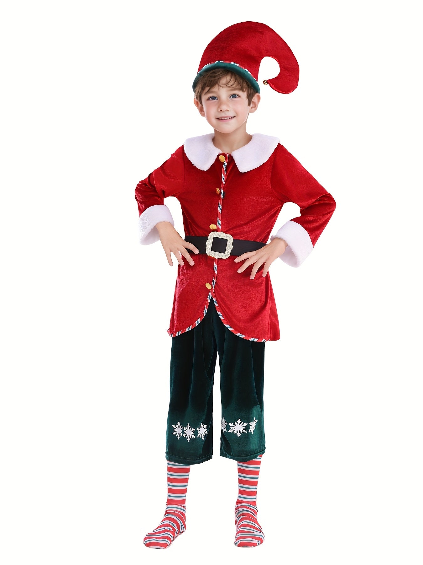 Christmas Elf Deluxe for Kids Santa's Little Helper - Red Velvet Jacket, Green Printed Pants, Socks, Hat, Belt | Xmas Party/School Performance/, Holiday Dressup, Festive Outfit, Highquality Stitching, Soft Fabric, Santa Outfit, Party Wear