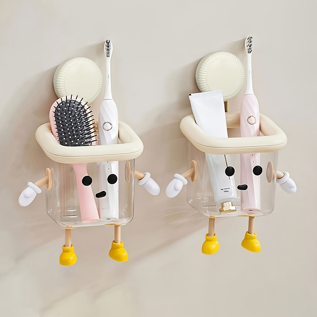 1pc Cartoon Toothbrush Holder, No-Drill Suction Cup Wall-Mounted Storage Box, Cute Home Decor Plastic Washbasin Accessory for Toothbrushes | Durable Plastic, Toothbrush and Toothpaste Organizer, Toothbrush Holder for Bathroom, Playful Design, Easy Instal