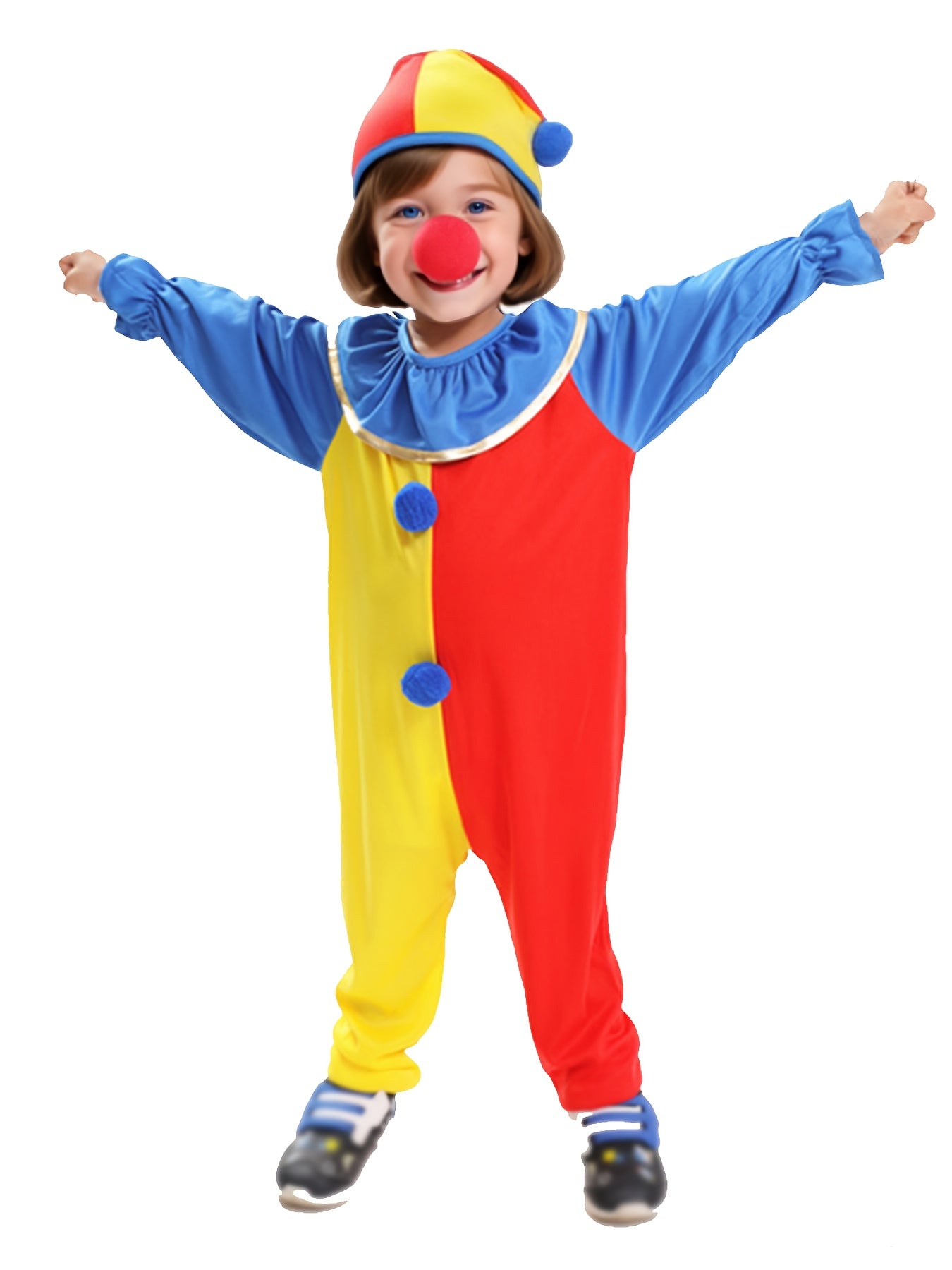 Girls' Clown Costume - Red & Yellow Color Block Halloween Outfit with Fake Buttons, Long Sleeve Party Dress for Birthday, Carnival, Circus - Easy-to-Wear Jumpsuit for Toddlers & Kids, Halloween Costumes for Girls, Circus Attire, Whimsical Design, Durable