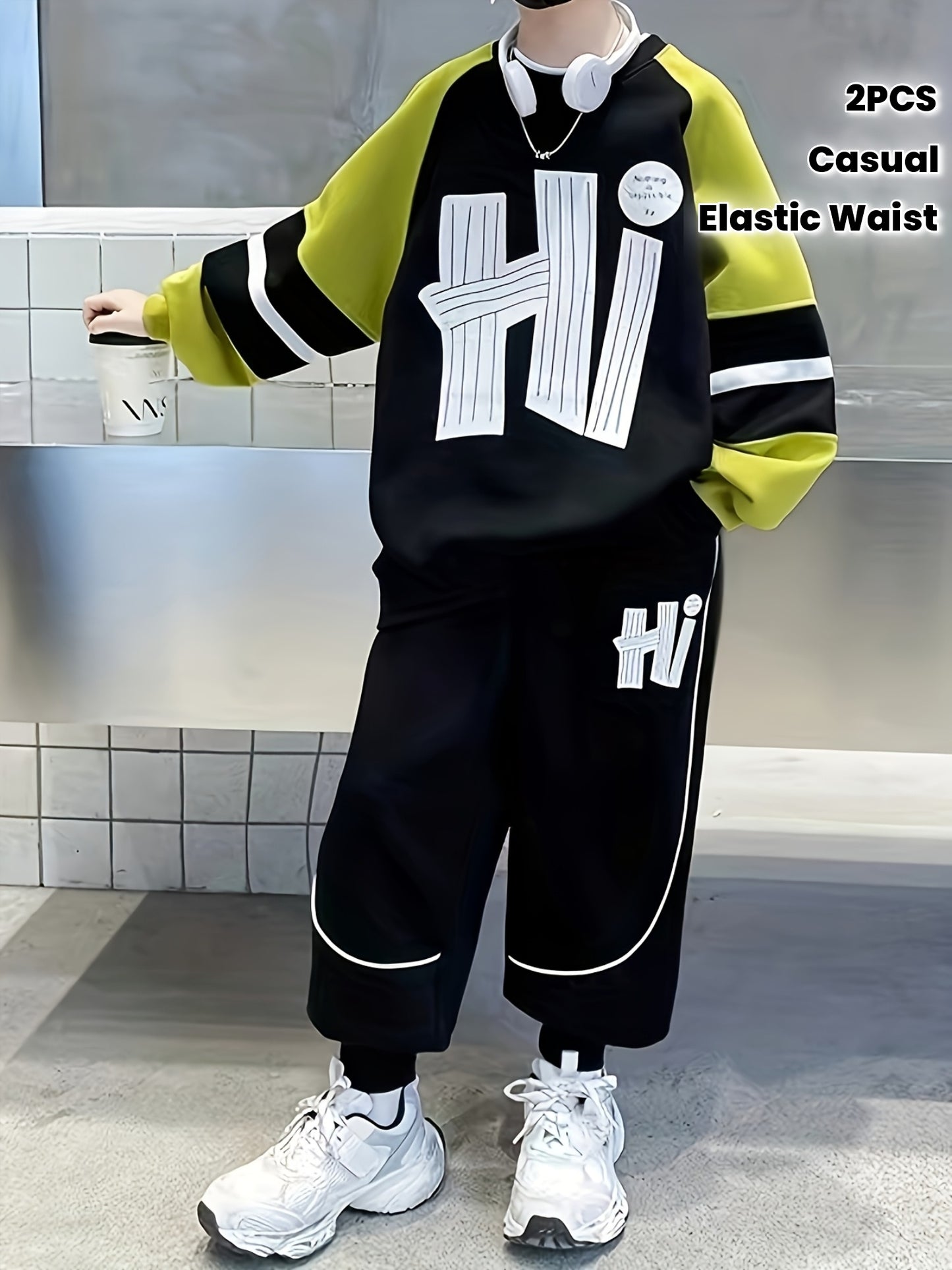 Boys' 2pcs Set, Spring/Autumn Medium-Large Size Sports Casual Comfortable Letter Print Raglan Sleeve Contrast Hoodie + Elastic Waist Side Pocket Pants Outfit, Perfect for Outdoor
