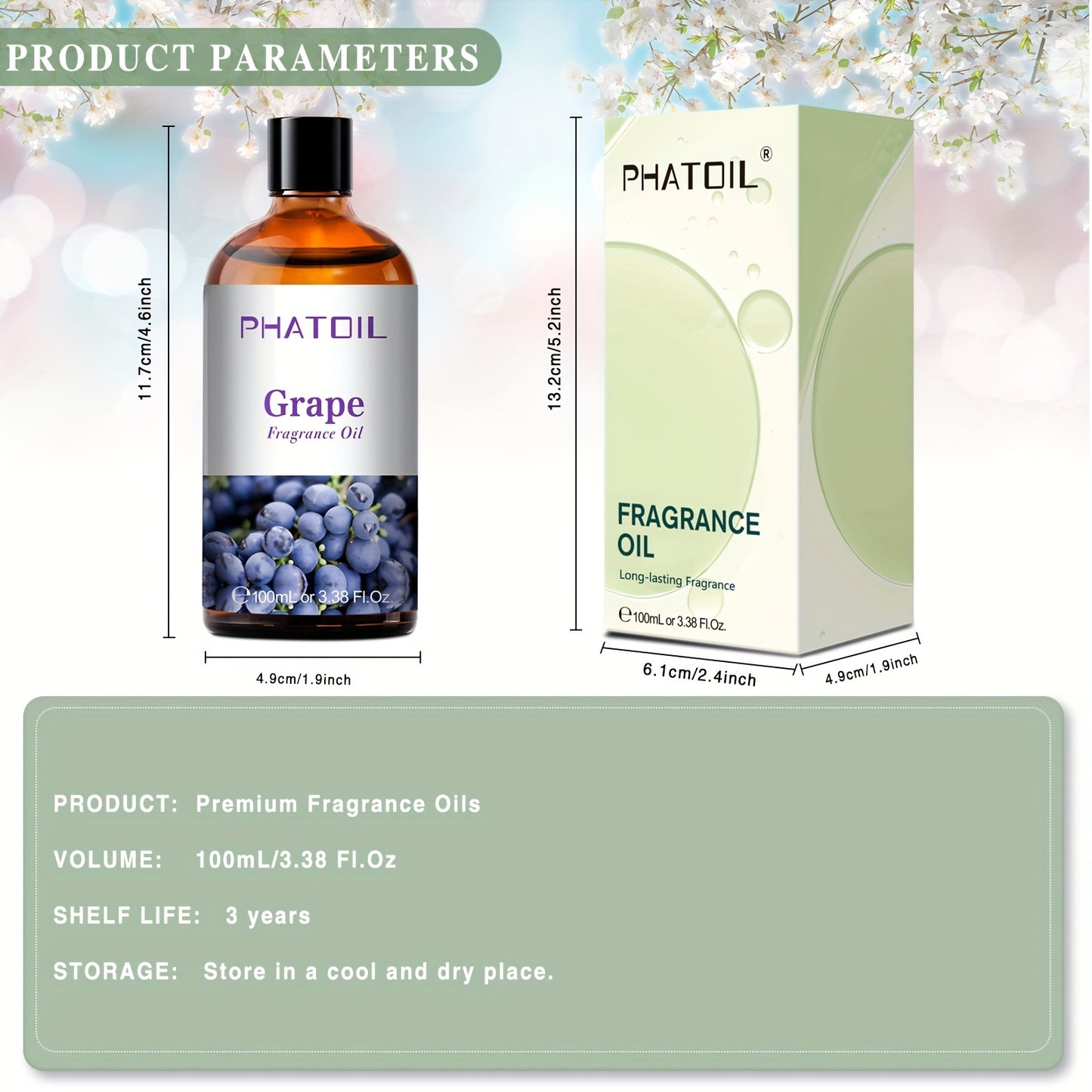 PHATOIL Grape Essential Oil - Alcohol-Free, for Diffuser, Humidifier, DIY Skincare, Spa, Massage - with Dropper Cap - Suitable for Sensitive Light Beige, All Light Beige Types - 3.38fl.oz (100ml) - Luxury Fragrance Oil, Grape Essential Oil, Skincare Rout