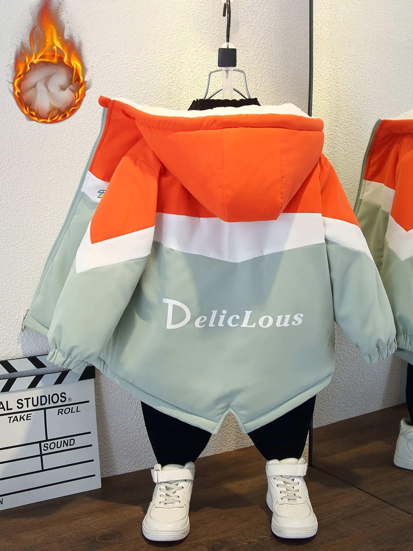 Youngsters' Cozy Fleece-Lined Hooded Jacket with Letter Print - Casual Long Sleeve Outerwear for Boys & Girls, Perfect for Fall/Winter