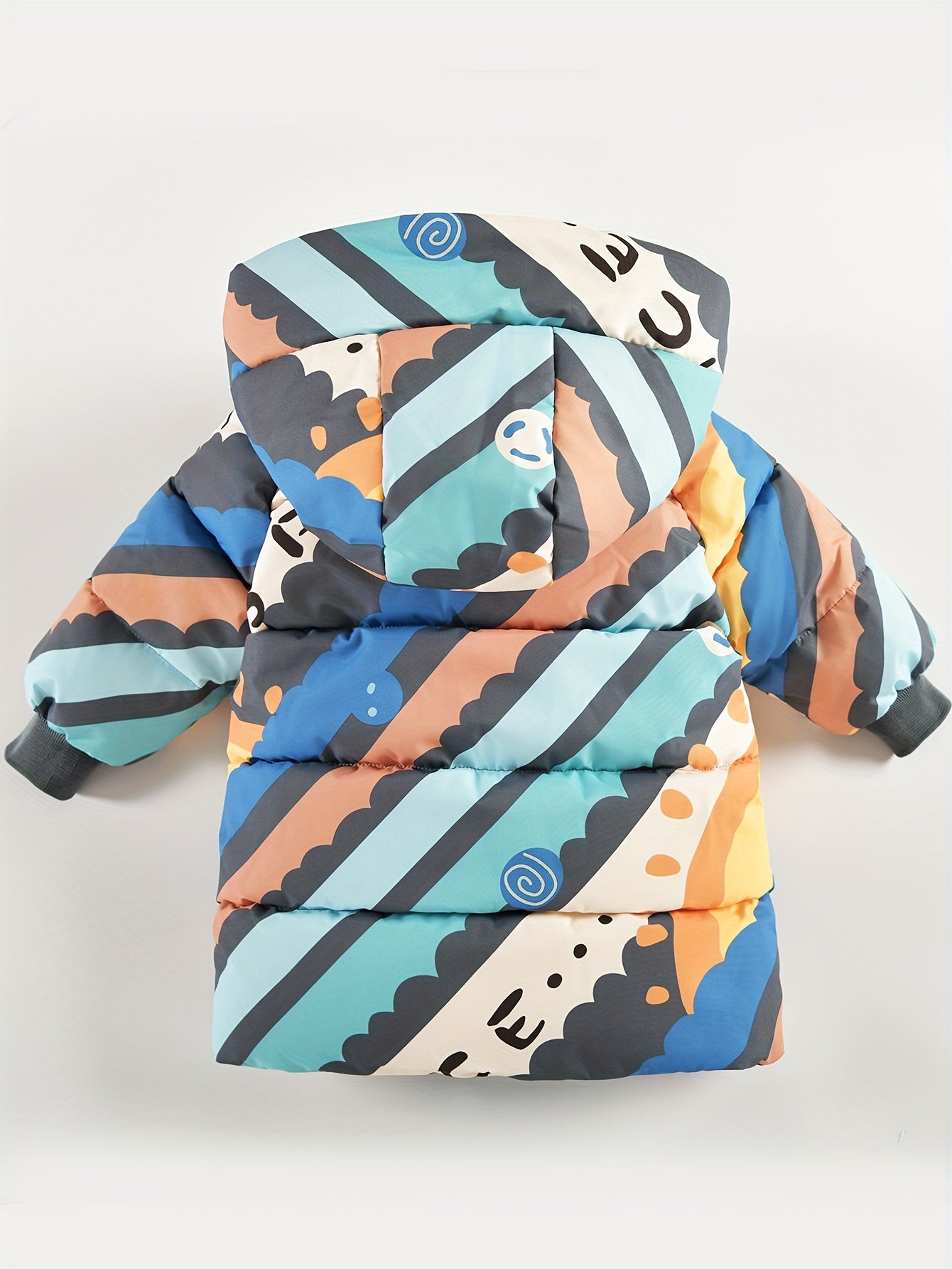 Boys' Colorful Geometric Print Hooded Winter Jacket - Thick Polyester Coat with Pockets, Vibrant Blue, Orange & White Design, Casual Style for Youngsters & Youngsters, Boy Jacket