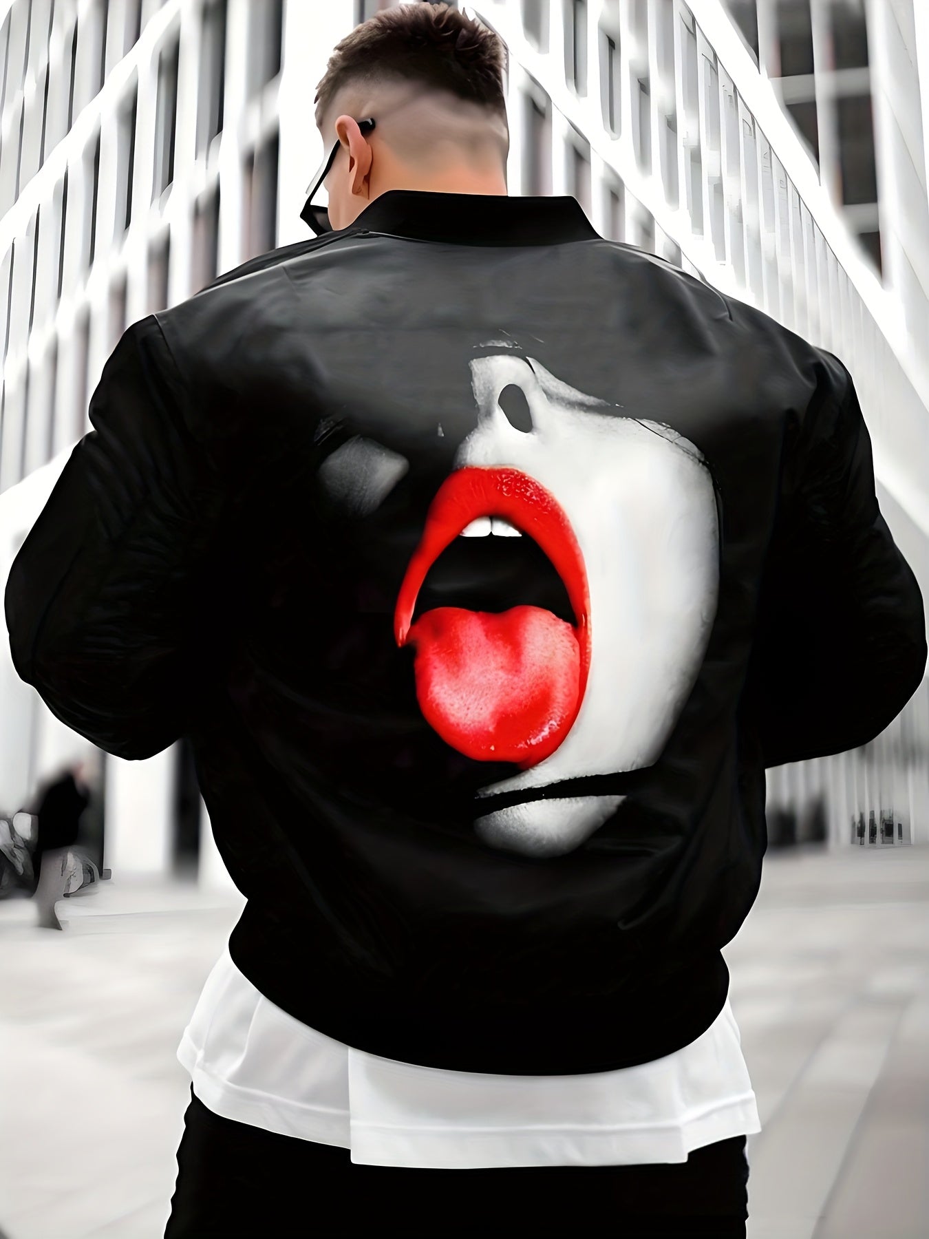 Men'S Casual Baseball Jacket with Bold Red Lips Graphic - Lightweight Long Sleeve Zip-Up Outerwear, White Collar & Cuffs, Polyester Lining, Spring/Fall Fashion Coat, Spring Outerwear | Bold Fashion Jacket | Polyester Jacket