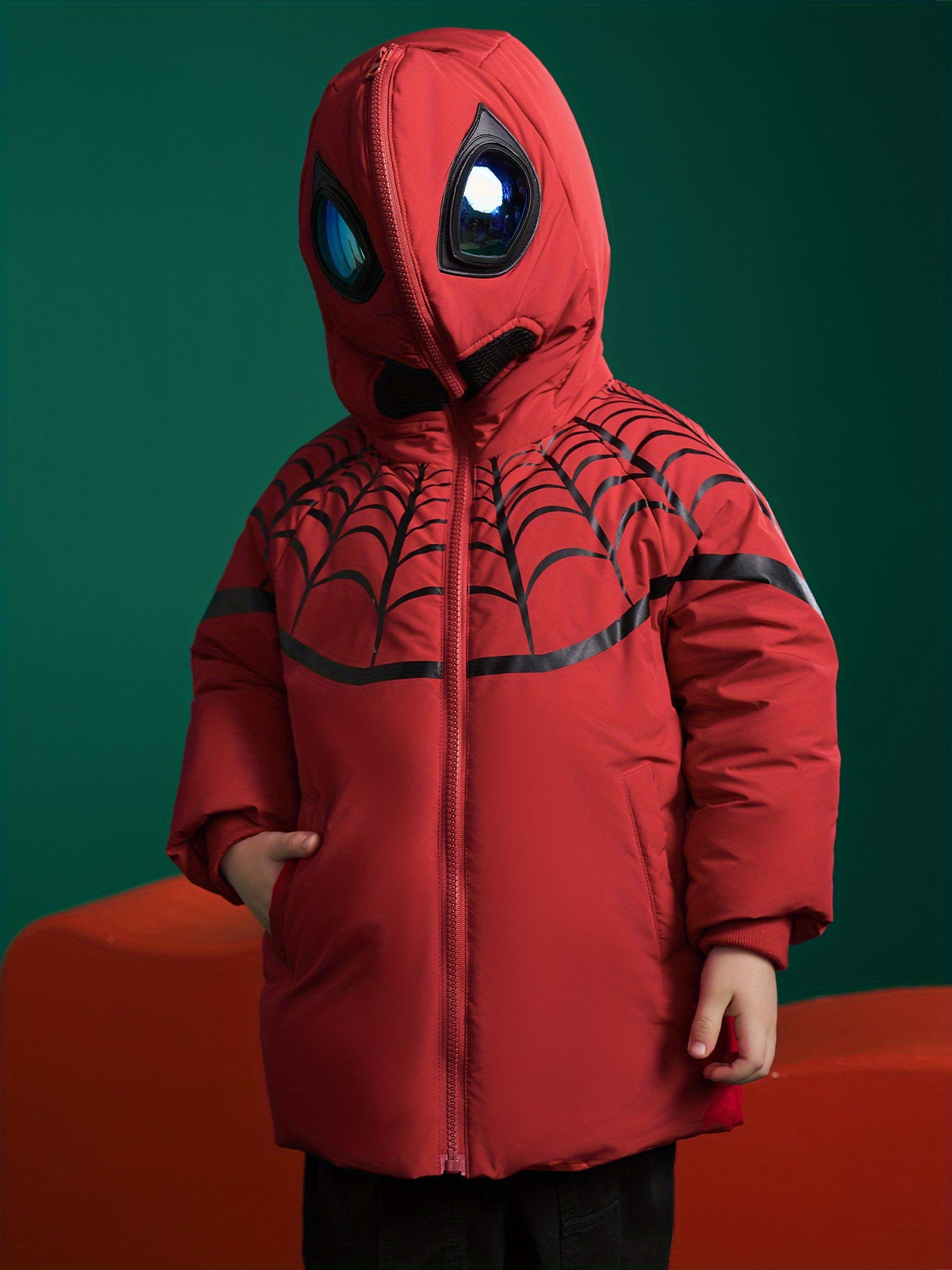 ASK JUNIOR Boys' Spider Pattern Hooded Jacket - 90% White Duck Down, Casual Style with Pockets, Long Sleeve, Drop Shoulder, Regular Fit for Winter Daily Wear & Themed Parties, Winter Coat, Playful Design, Durable Outerwear