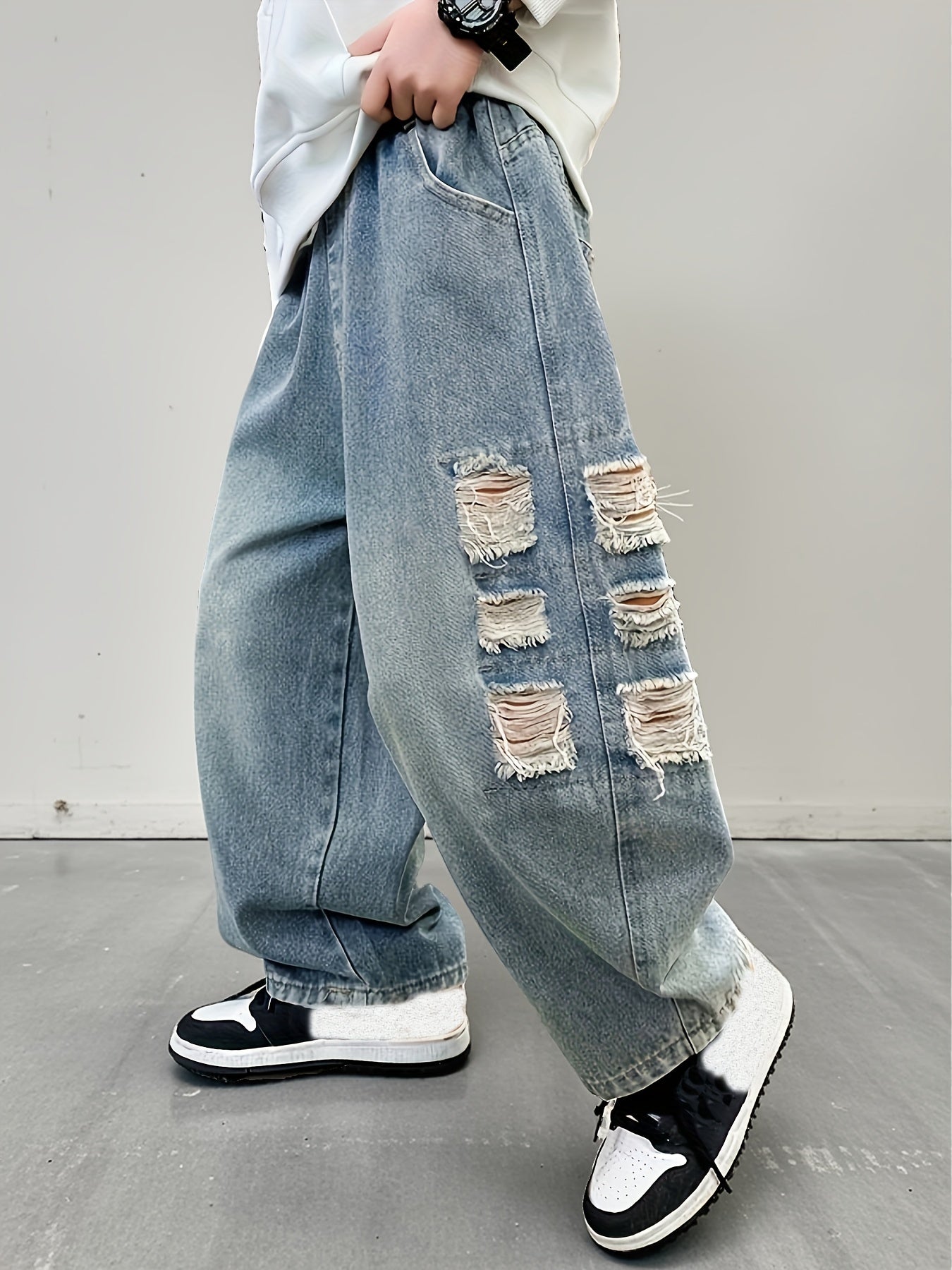 Boys' -Wash Blue Distressed Denim Jeans - Heavyweight 100% Casual Pants with Frayed Hem & Ripped Knee Design, Spring/Fall Season Comfortable Casual Attire for Teen Boys (Hand Washable) - Ideal for Layering & Casual Outfits, Relaxed Fit with Classic Five-