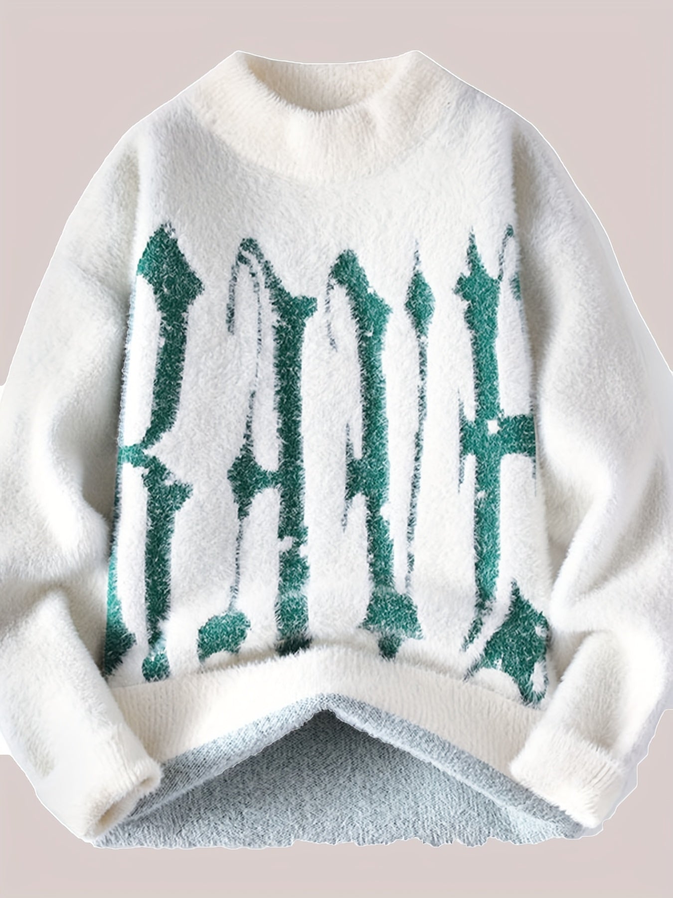 Men'S Cozy Fleece-Lined Knit Sweater - "RANIF" Graphic, Long Sleeve, Crew Neck, Casual Pullover for Fall/Winter, with Green Lettering, Comfortable and Stylish, Winter Clothing | Graphic Sweater | Nylon Knitwear