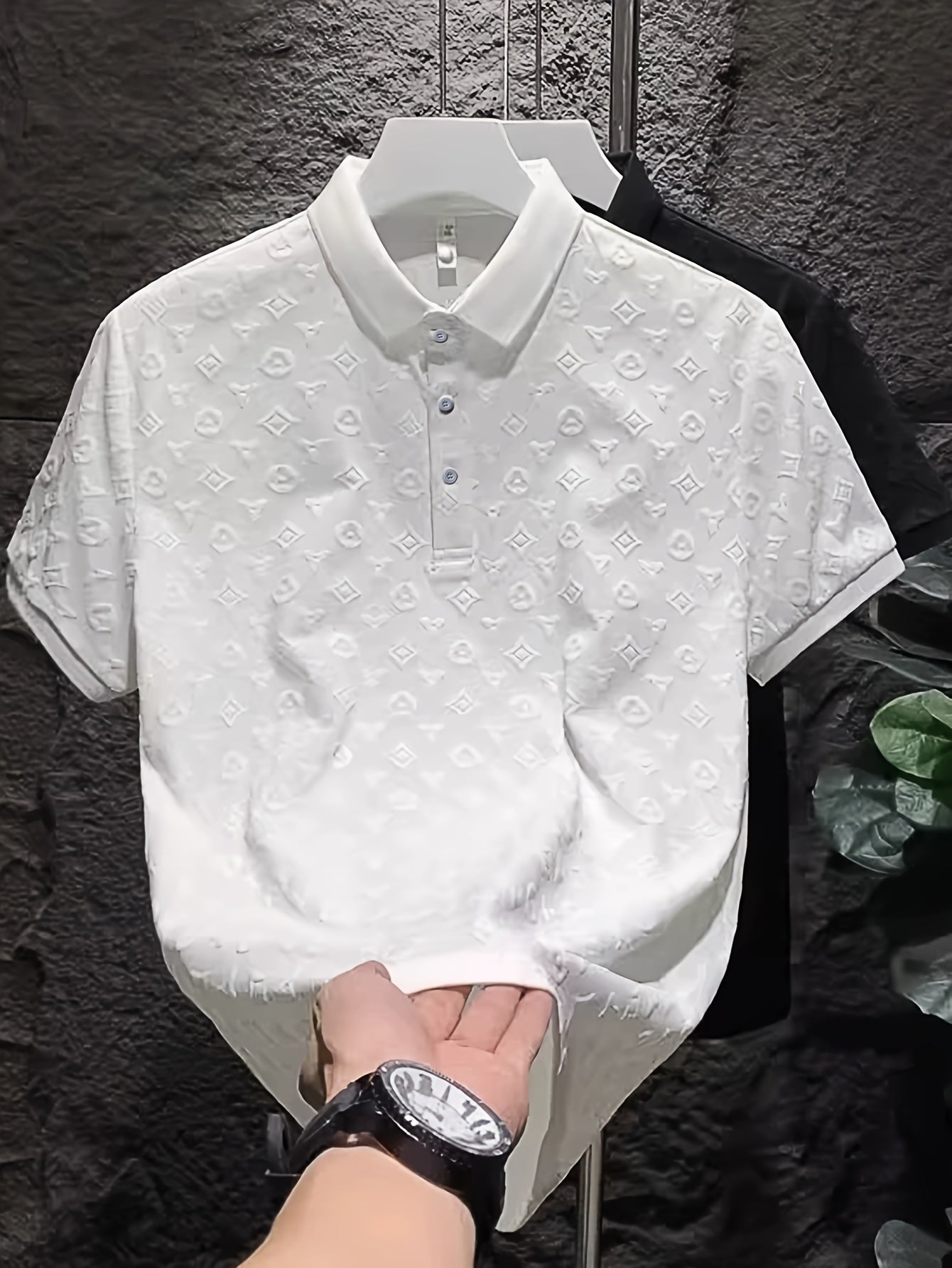 Men'S Summer Casual Shirt - Ice Sliky Fiber Fabric, Short Sleeve, Button-Up Collar, Geometric Pattern, Stretchy & Comfortable Fit, White with Black Accents, Perfect for Golf or Weekend Wear, Golf Shirt